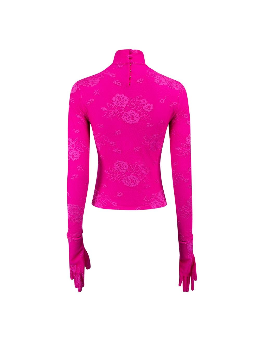 Hot Pink Lace Removable Gloves Mock Neck Top Size S In Good Condition For Sale In London, GB