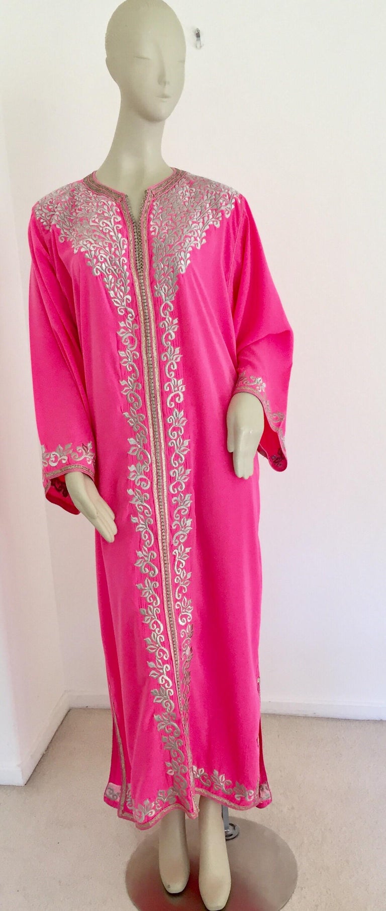 Hot Pink Moroccan Caftan with Silver Embroidered Maxi Dress Kaftan Size ...