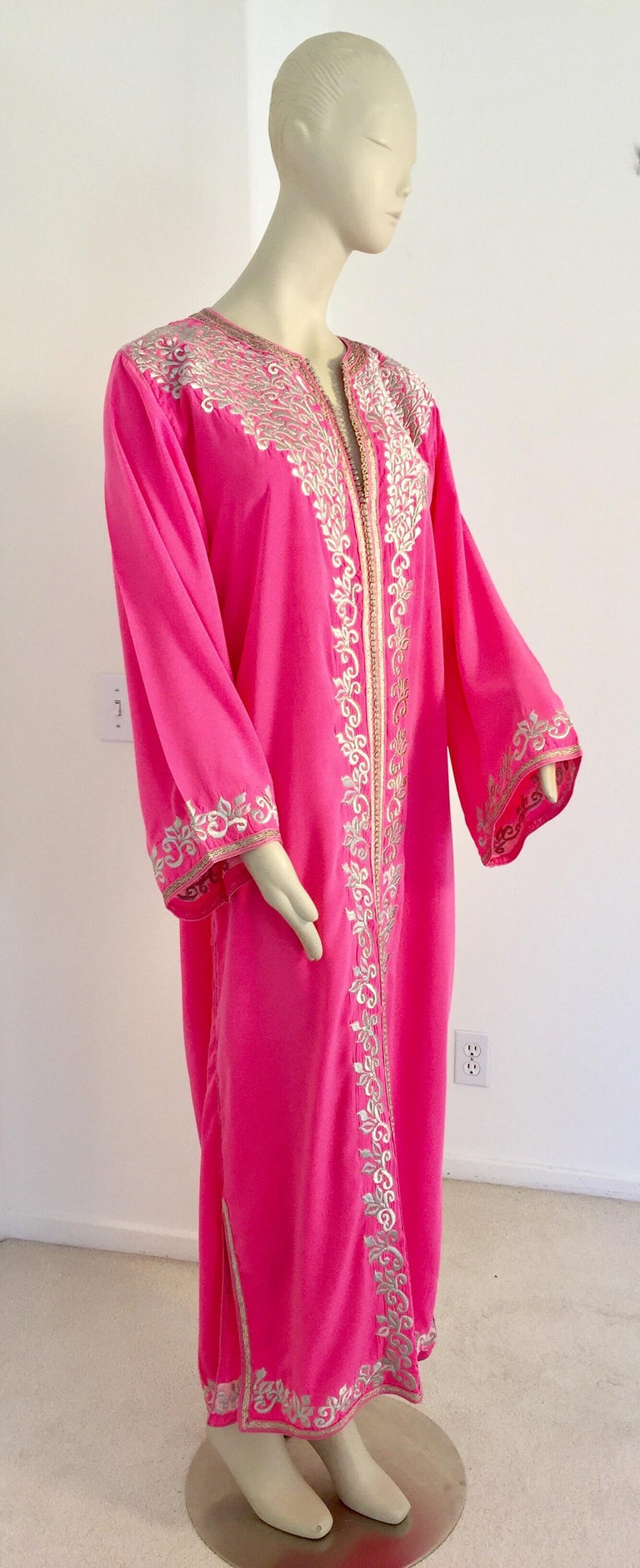Hot Pink Moroccan Caftan with Silver Embroidered Maxi ...