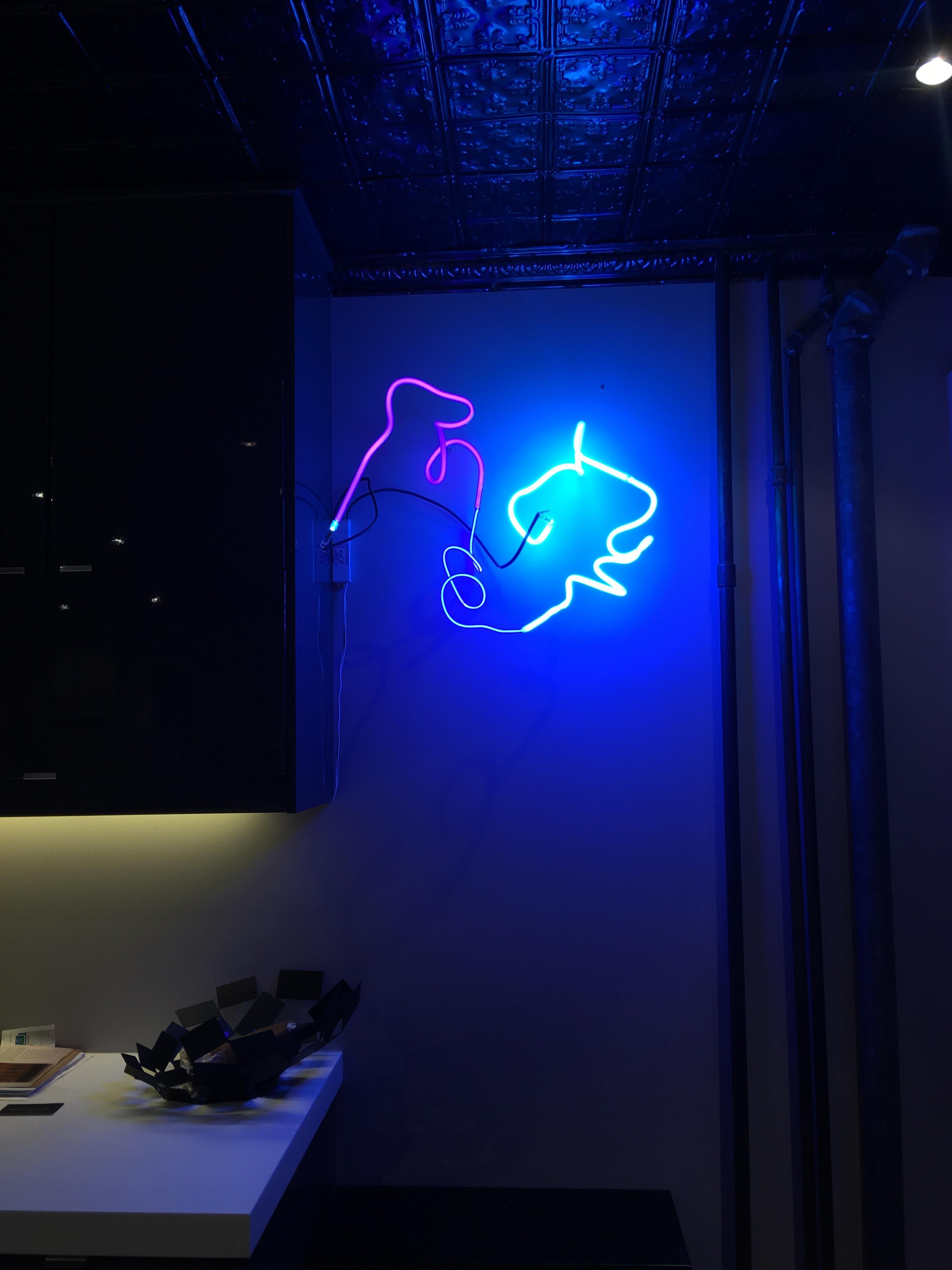 This solid hot pink neon light sculpture in an abstract form allows the viewer to see different things, reminiscent of picking out shapes in the clouds. Each neon sculpture is a one-of-a-kind, handmade in Brooklyn. We will deliver and install any