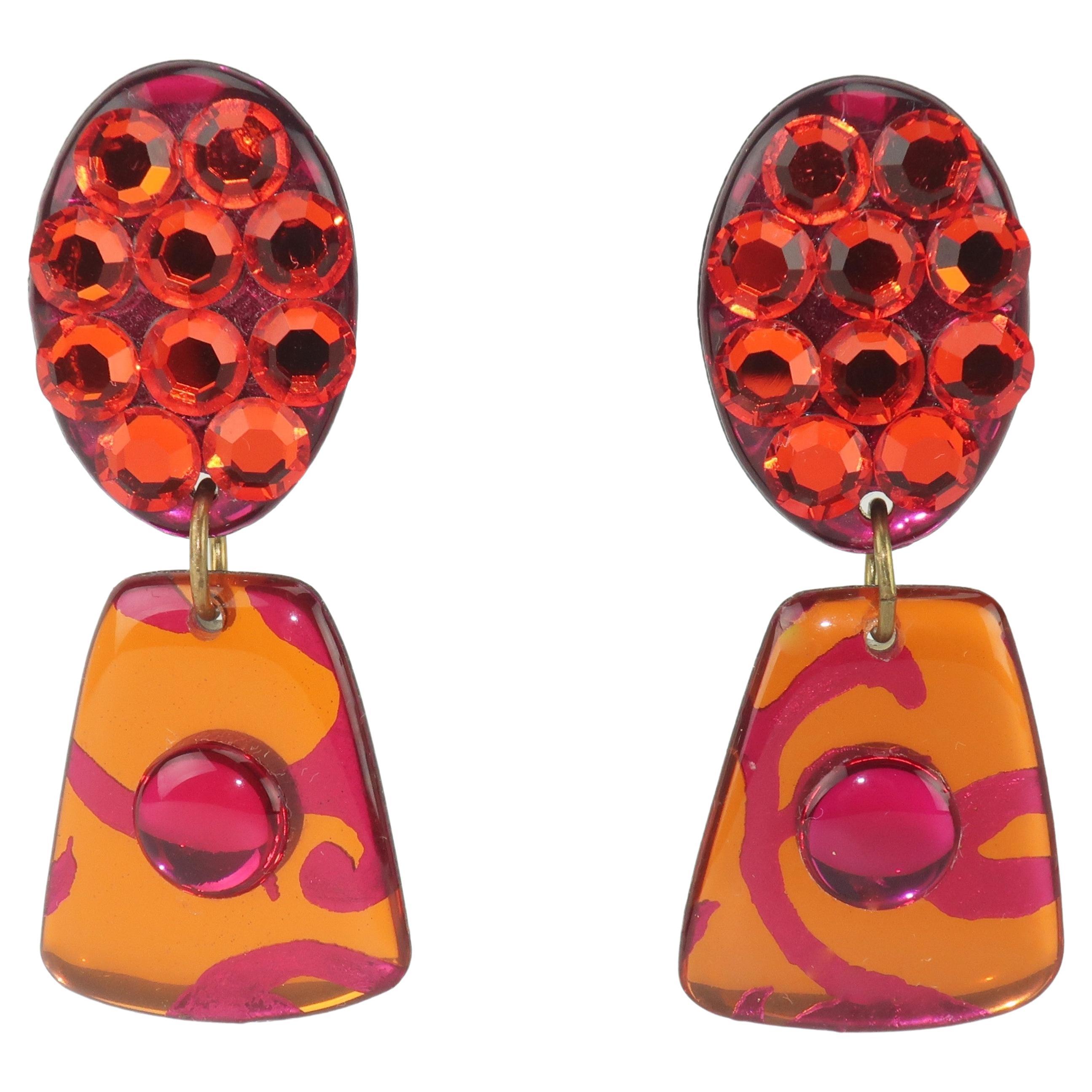 Hot Pink & Orange Pave Crystal Clip On Earrings, 1980's For Sale