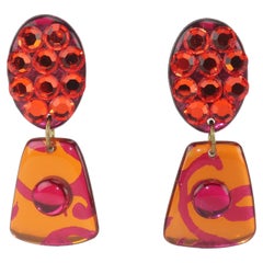 Hot Pink & Orange Pave Crystal Clip On Earrings, 1980's