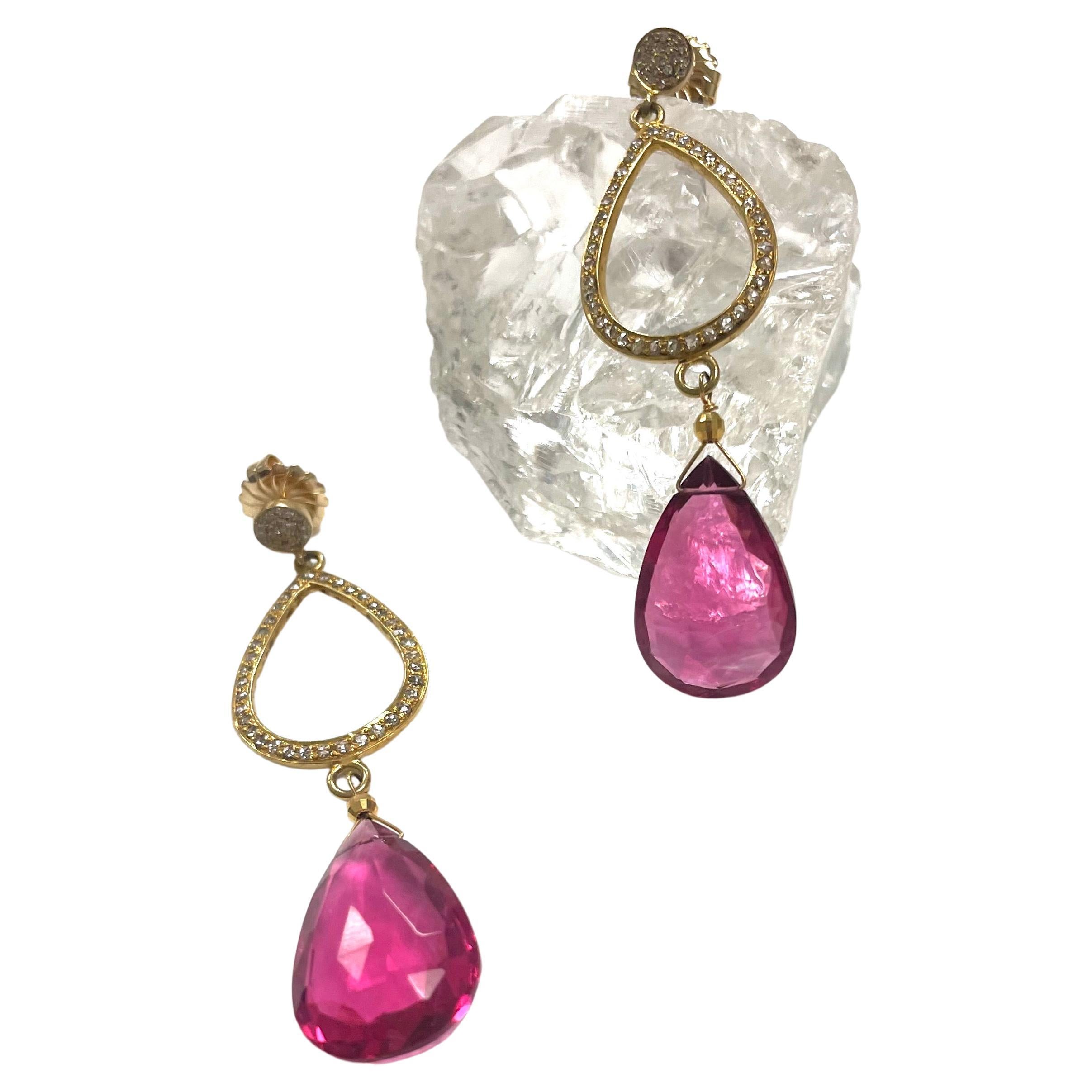  Hot Pink Pear Shape Drop Paradizia Earrings with Diamonds For Sale 2