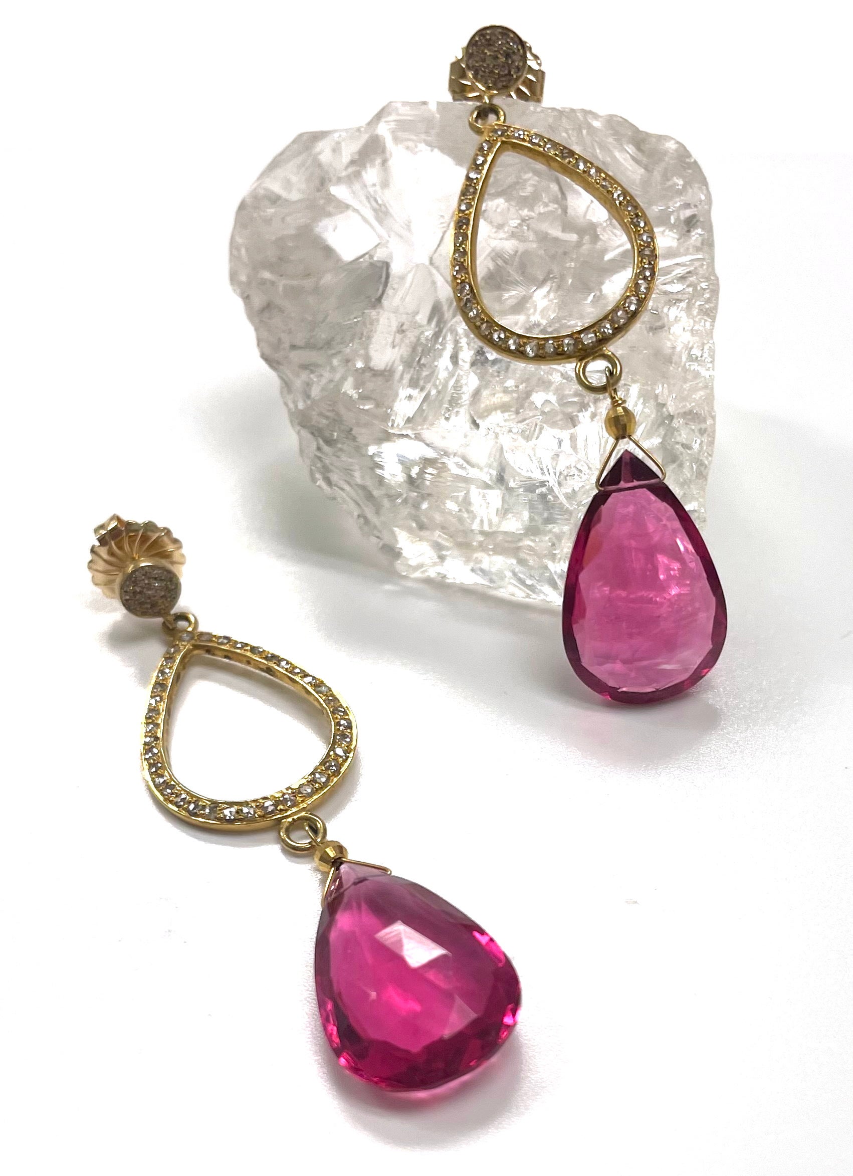 Description
Vibrant hot pink faceted Hydro Quartz pear shape drops, suspended from pave diamond stud posts and teardrop shape pave diamond adornments. 
Item # E3313
Check out matching necklace (see photos), Item # N3709, $6,600.

Materials and