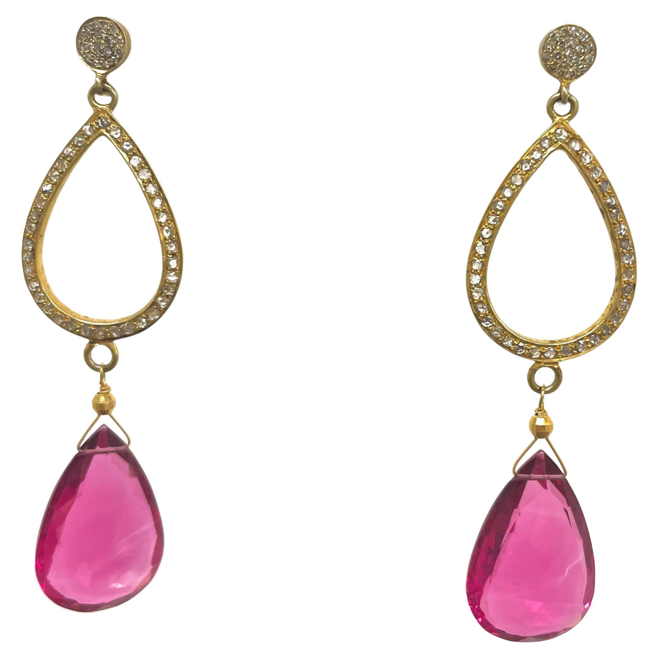 Artisan  Hot Pink Pear Shape Drop Paradizia Earrings with Diamonds For Sale