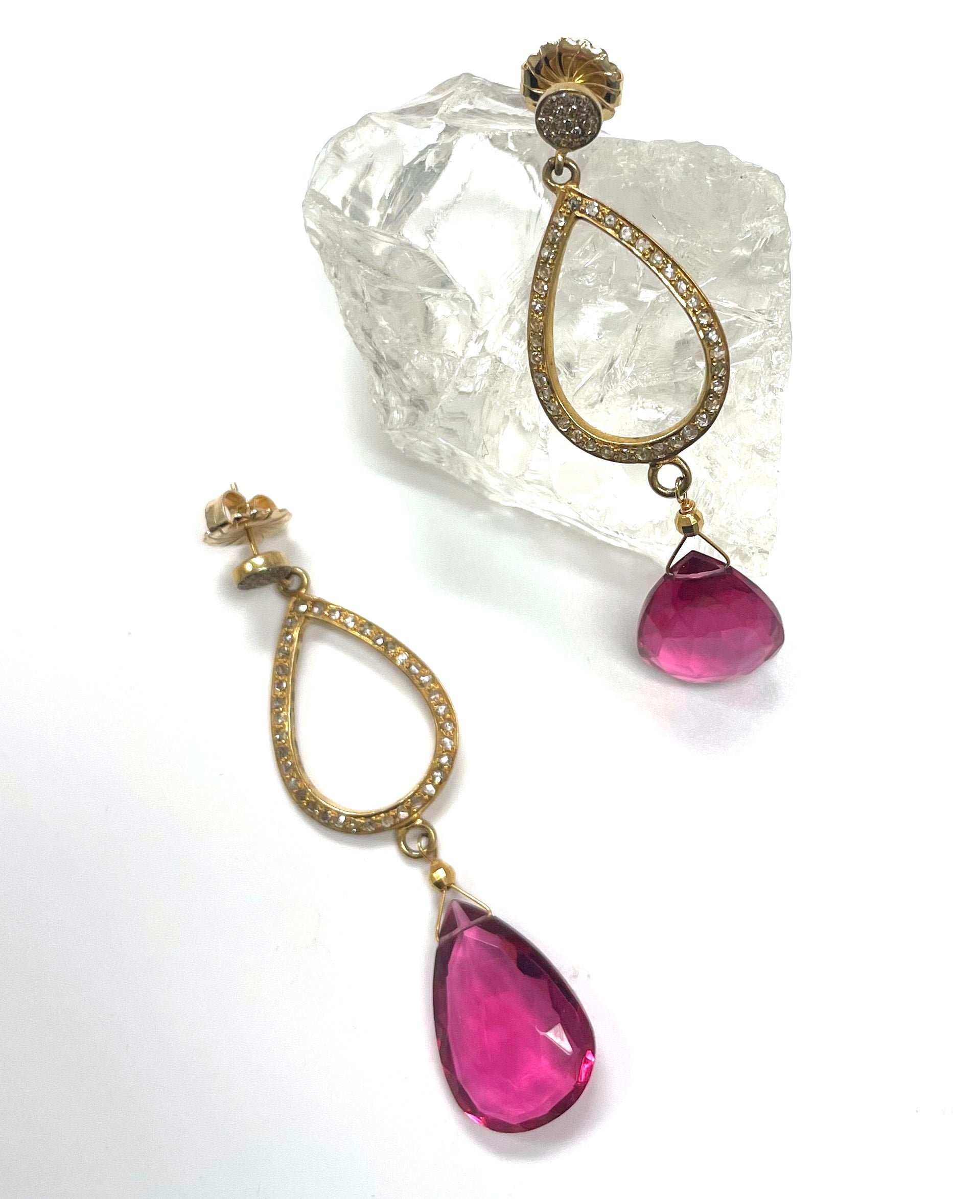 Pear Cut  Hot Pink Pear Shape Drop Paradizia Earrings with Diamonds For Sale