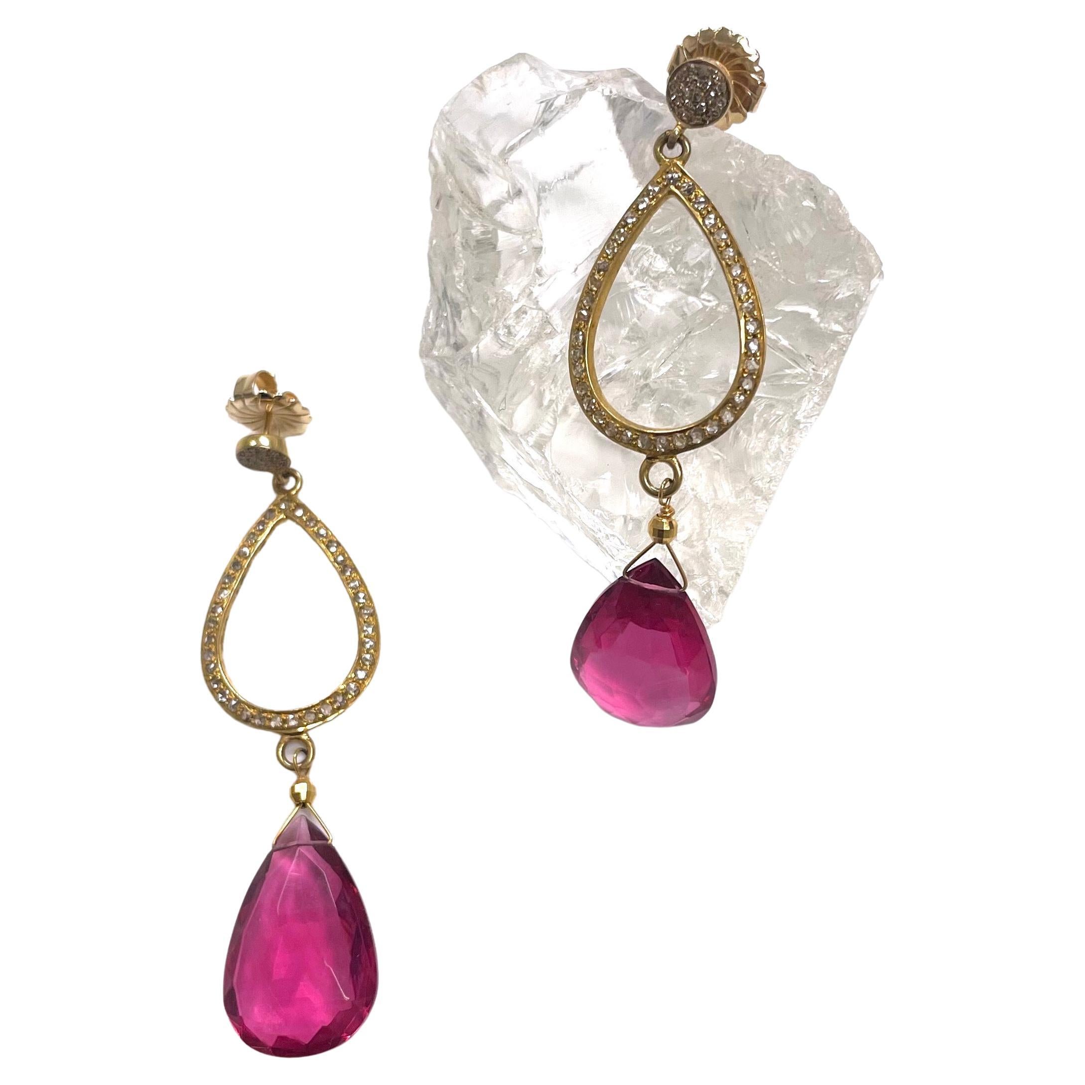  Hot Pink Pear Shape Drop Paradizia Earrings with Diamonds In New Condition For Sale In Laguna Beach, CA