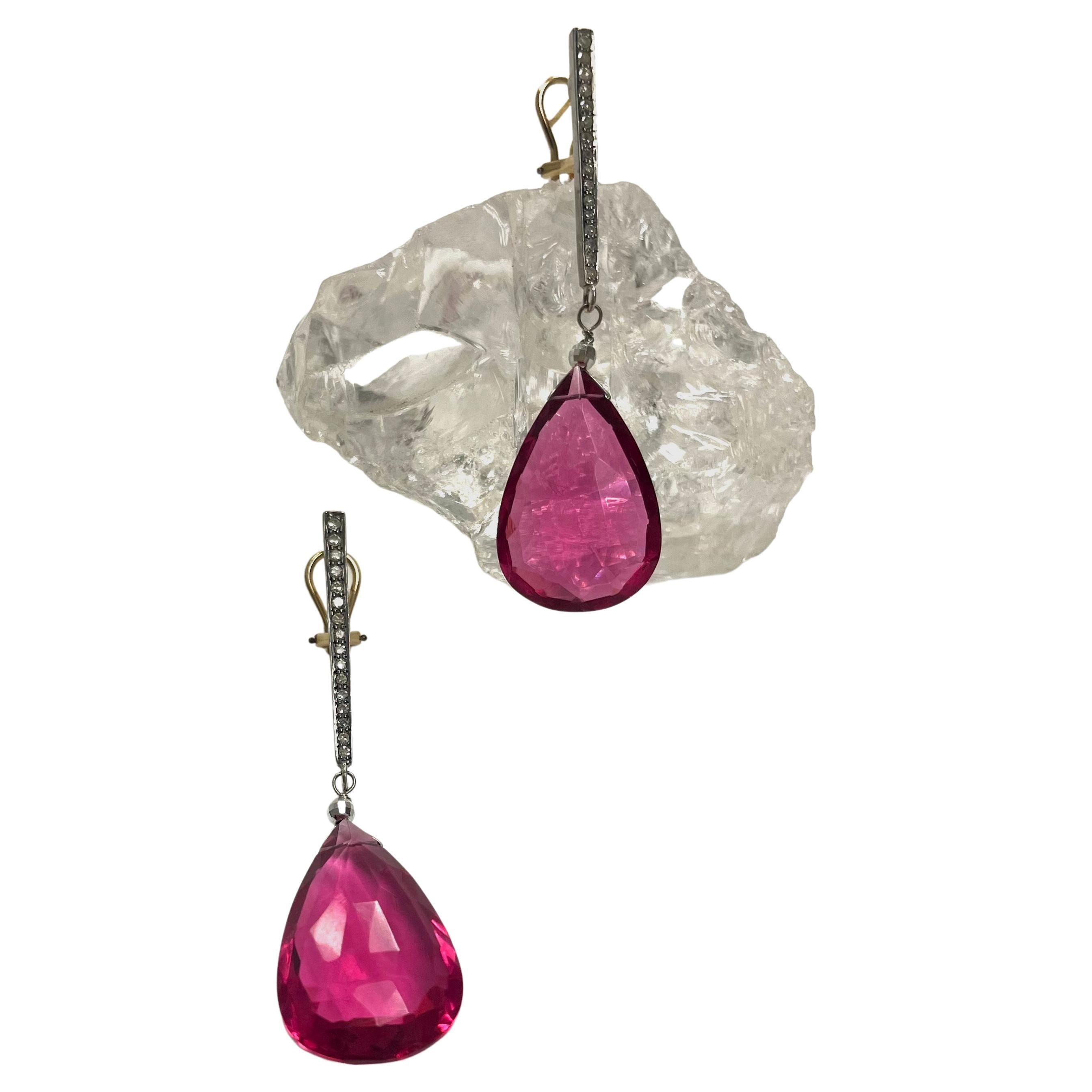 Artisan Hot Pink Pear Shape Drops with Diamond Paradizia Earrings For Sale