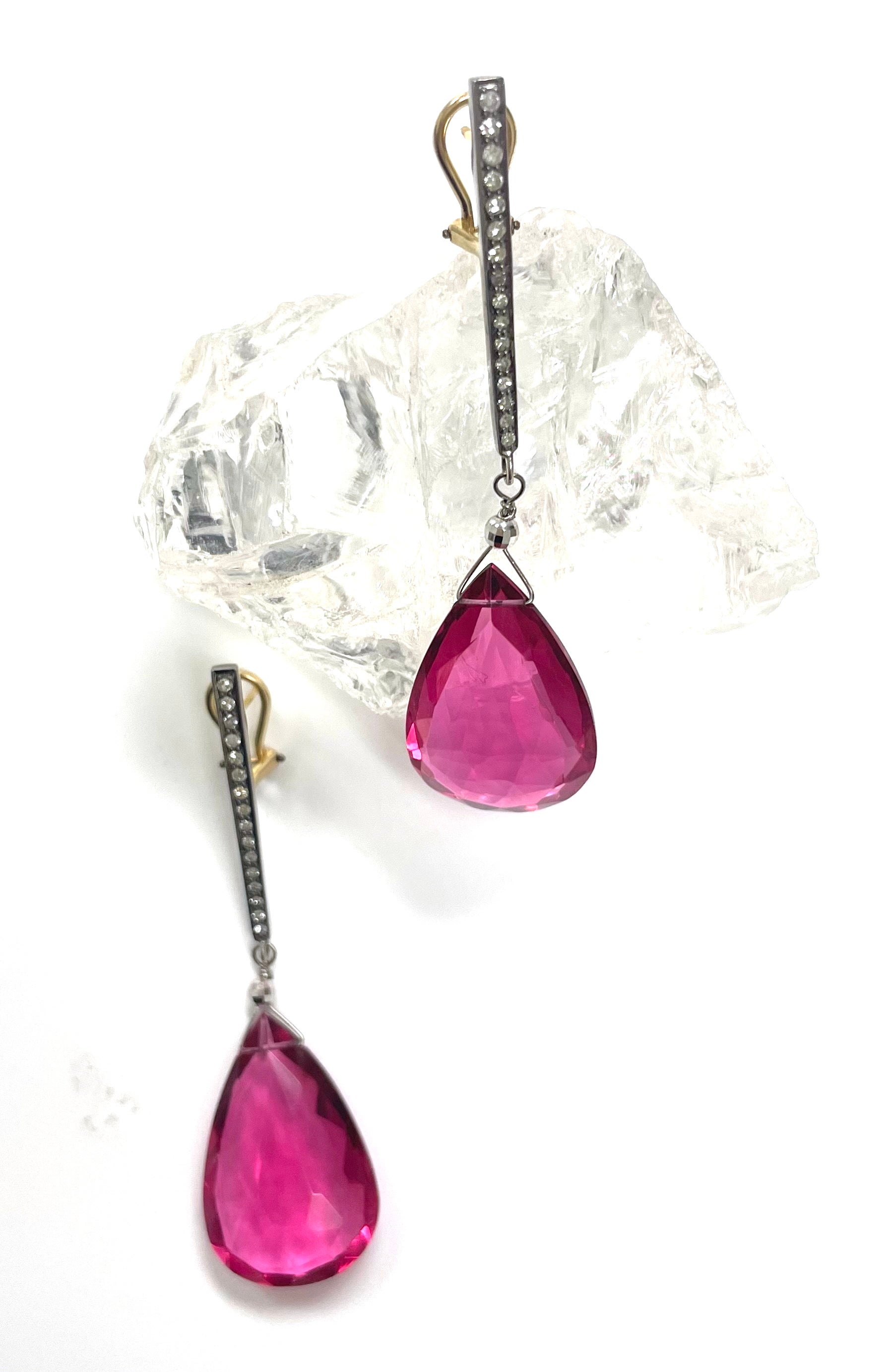 Pear Cut Hot Pink Pear Shape Drops with Diamond Paradizia Earrings For Sale