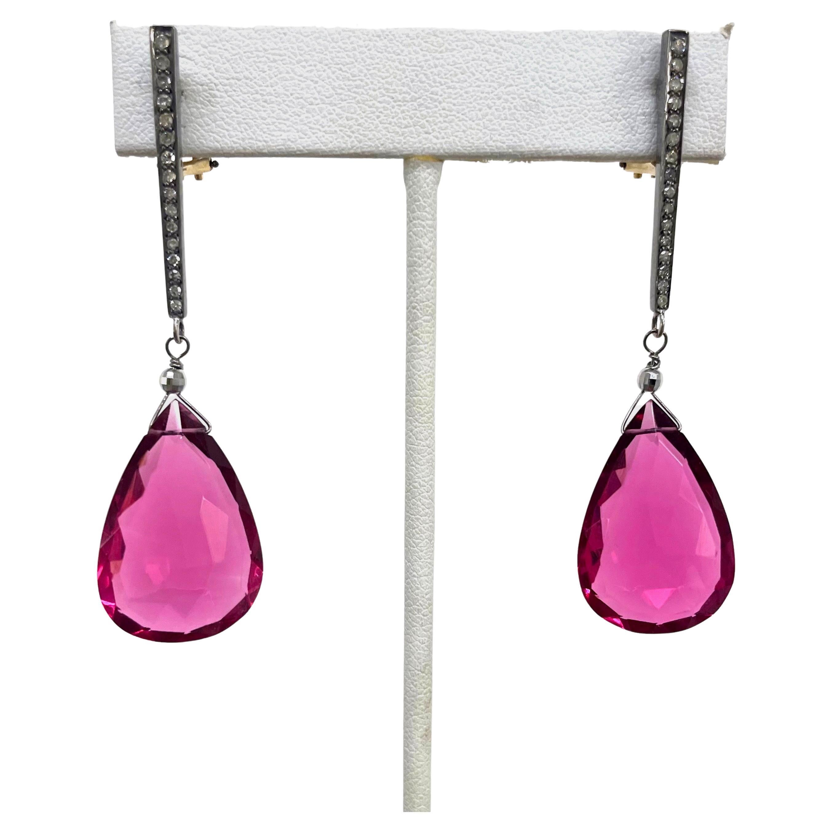 Hot Pink Pear Shape Drops with Diamond Paradizia Earrings In New Condition For Sale In Laguna Beach, CA