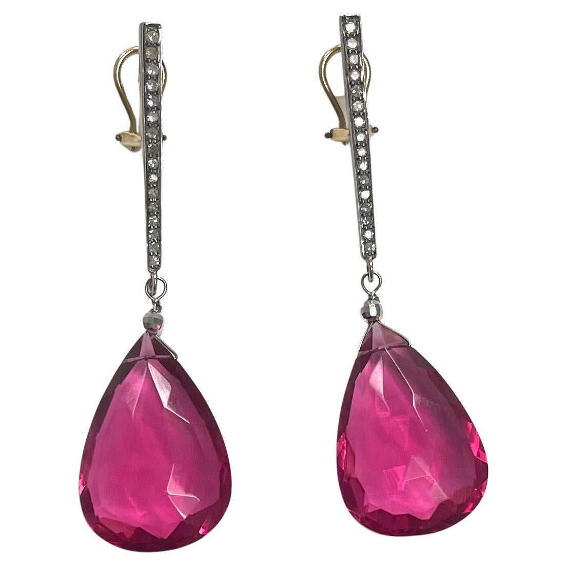 Women's Hot Pink Pear Shape Drops with Diamond Paradizia Earrings For Sale