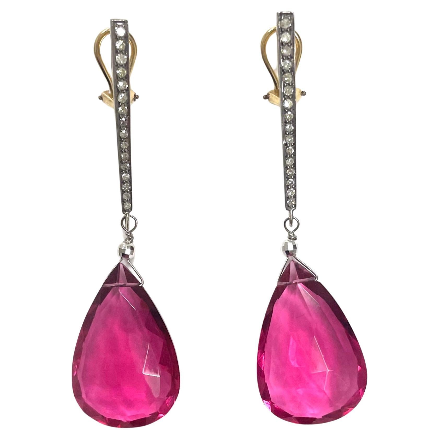 Hot Pink Pear Shape Drops with Diamond Paradizia Earrings For Sale