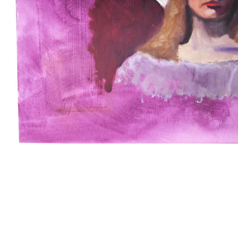 Ein pinkfarbenes Porträt einer Frau von Clair Seglem. Dieses im Atelier des verstorbenen Künstlers gefundene Werk wurde vermutlich in den 1970er Jahren von Seglem gemalt. Gegenstand des Gemäldes ist eine Frau, die einen großen Schlapphut in