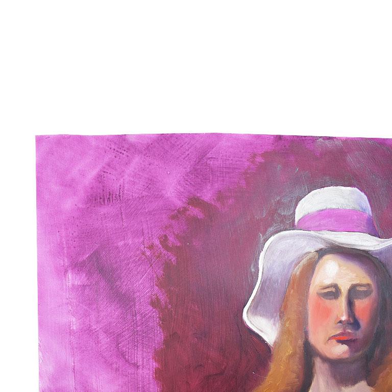 Hot Pink Portrait Painting of a Woman, 1970s In Excellent Condition For Sale In Oklahoma City, OK