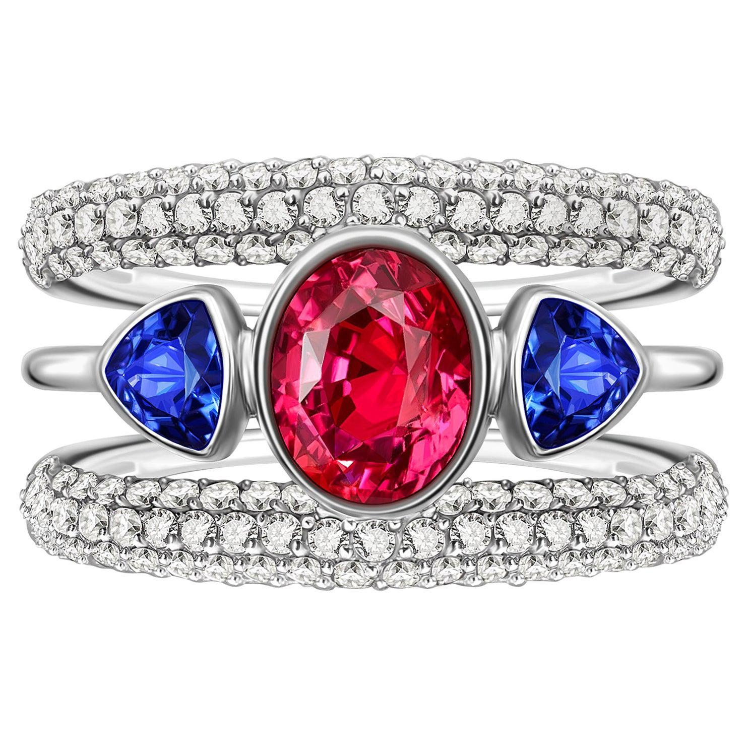 For Sale:  Hot Pink Sapphire 2, 5 Ct with Tanzanites and Diamonds 18 Karat White Gold Ring