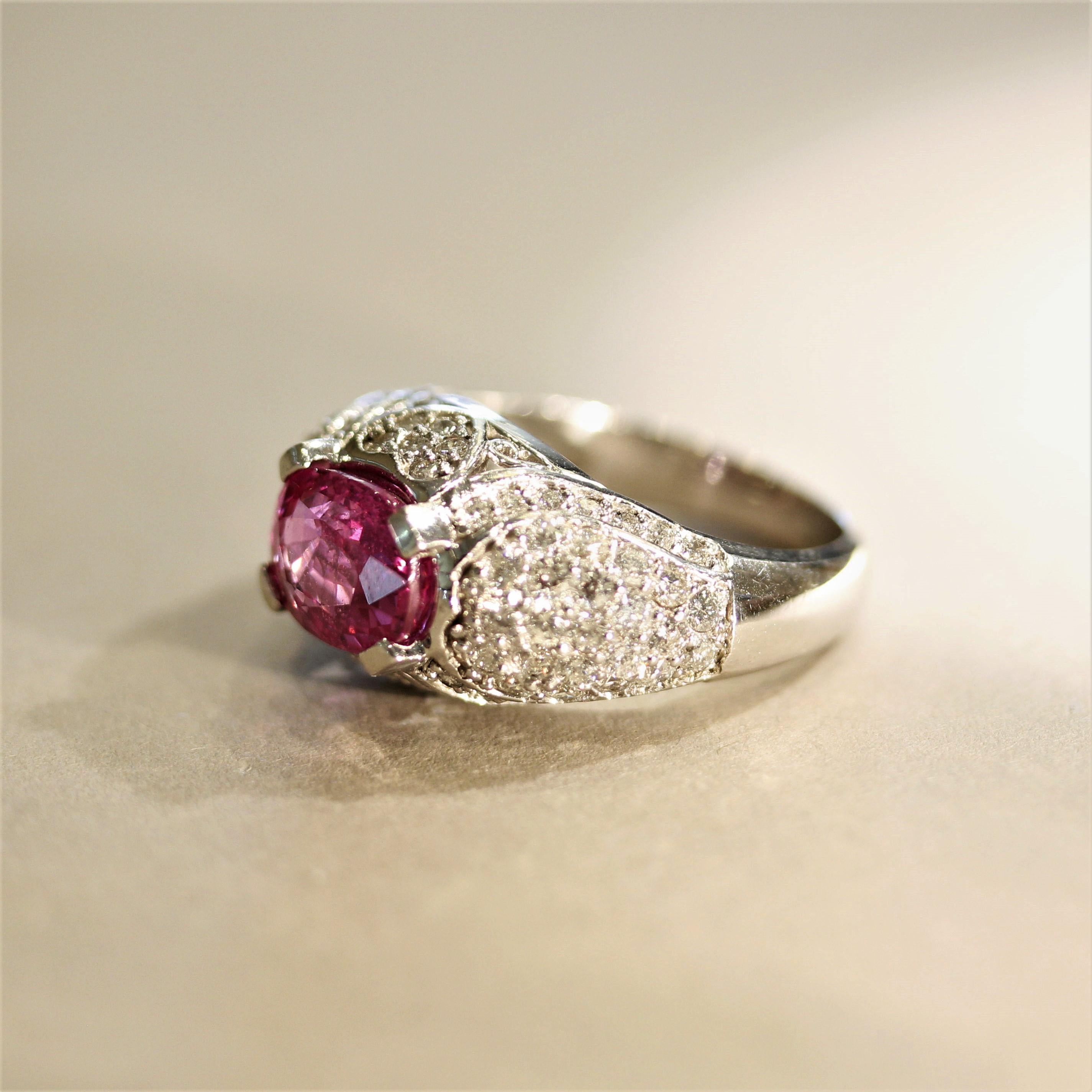 Oval Cut Hot-Pink Sapphire Diamond Gold “Heart-Motif” Ring For Sale