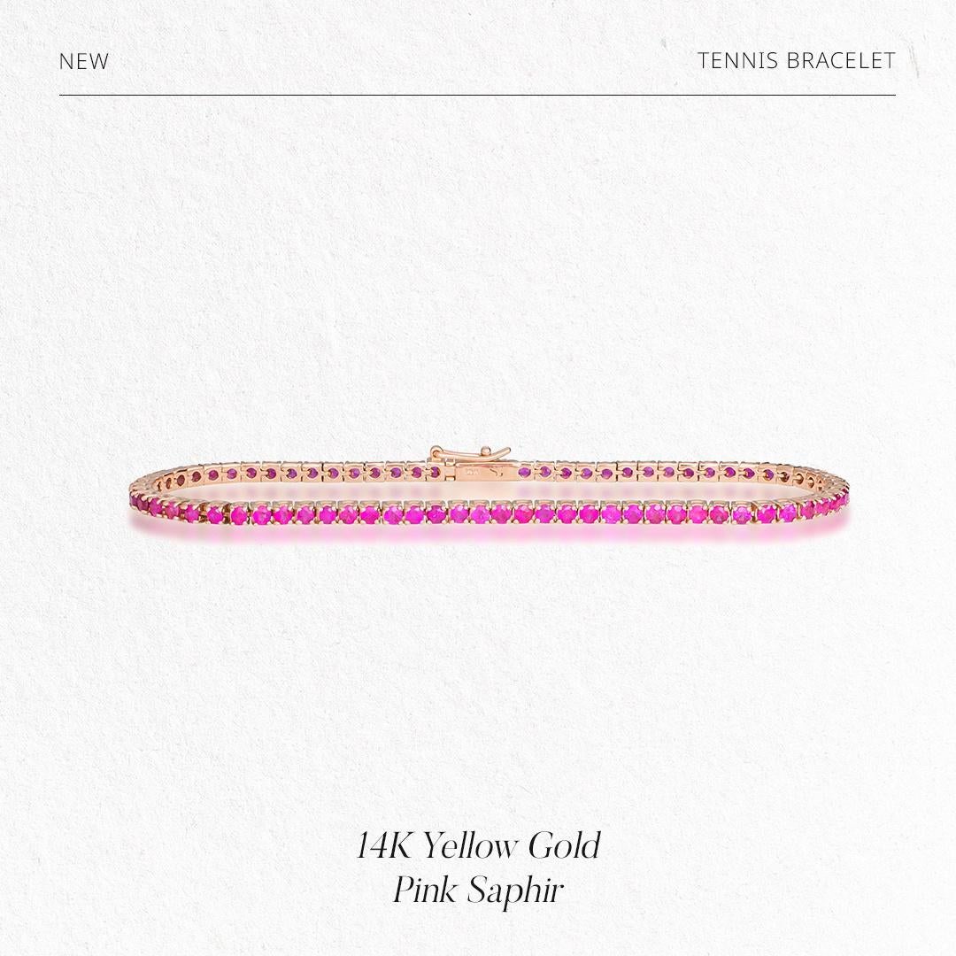 Round Cut Hot Pink Sapphire Tennis Bracelet - 14K Yellow Gold For Sale