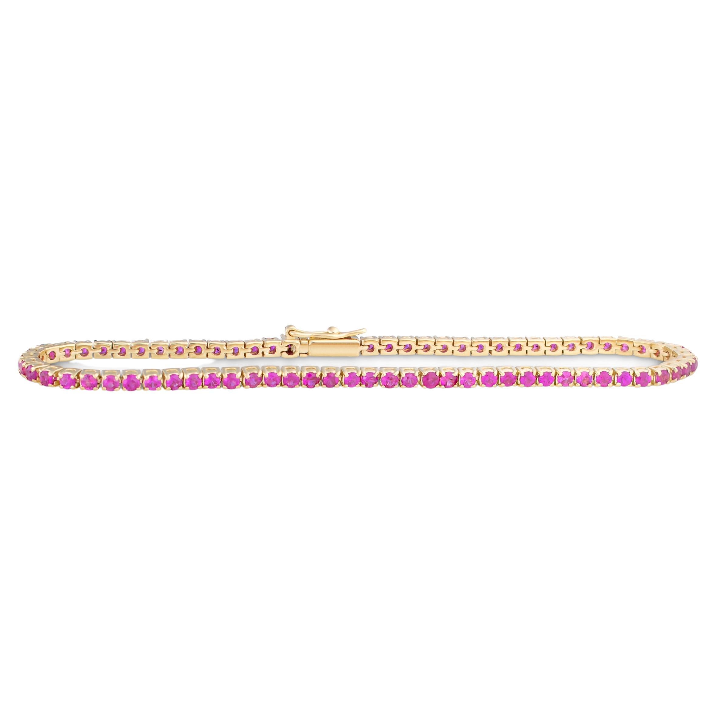 Hot Pink Sapphire Tennis Bracelet - 14K Yellow Gold For Sale