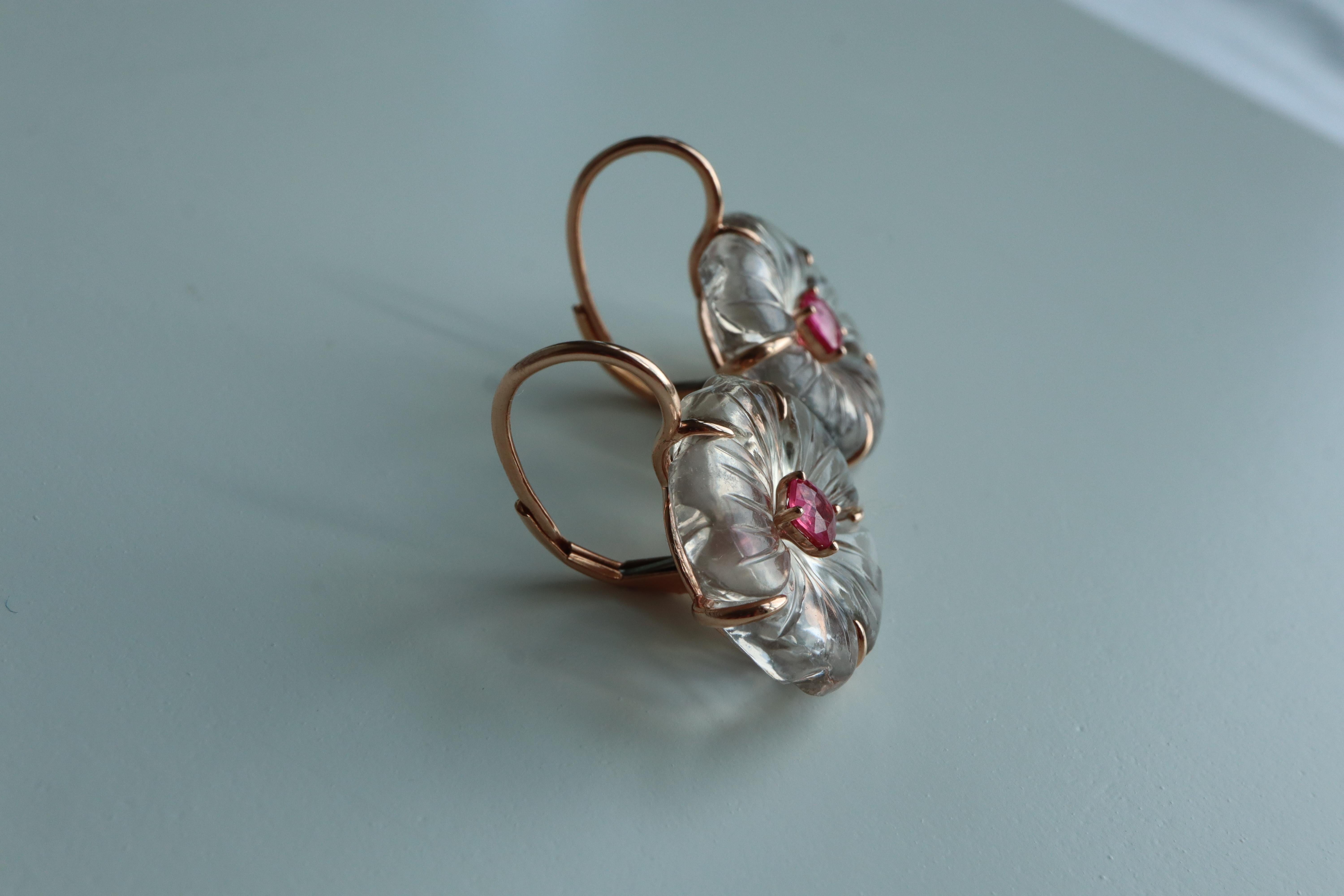 Taglio cuscino Orecchino con spinello rosa caldo e quarzo rosa naturale in oro massiccio 18 carati in vendita