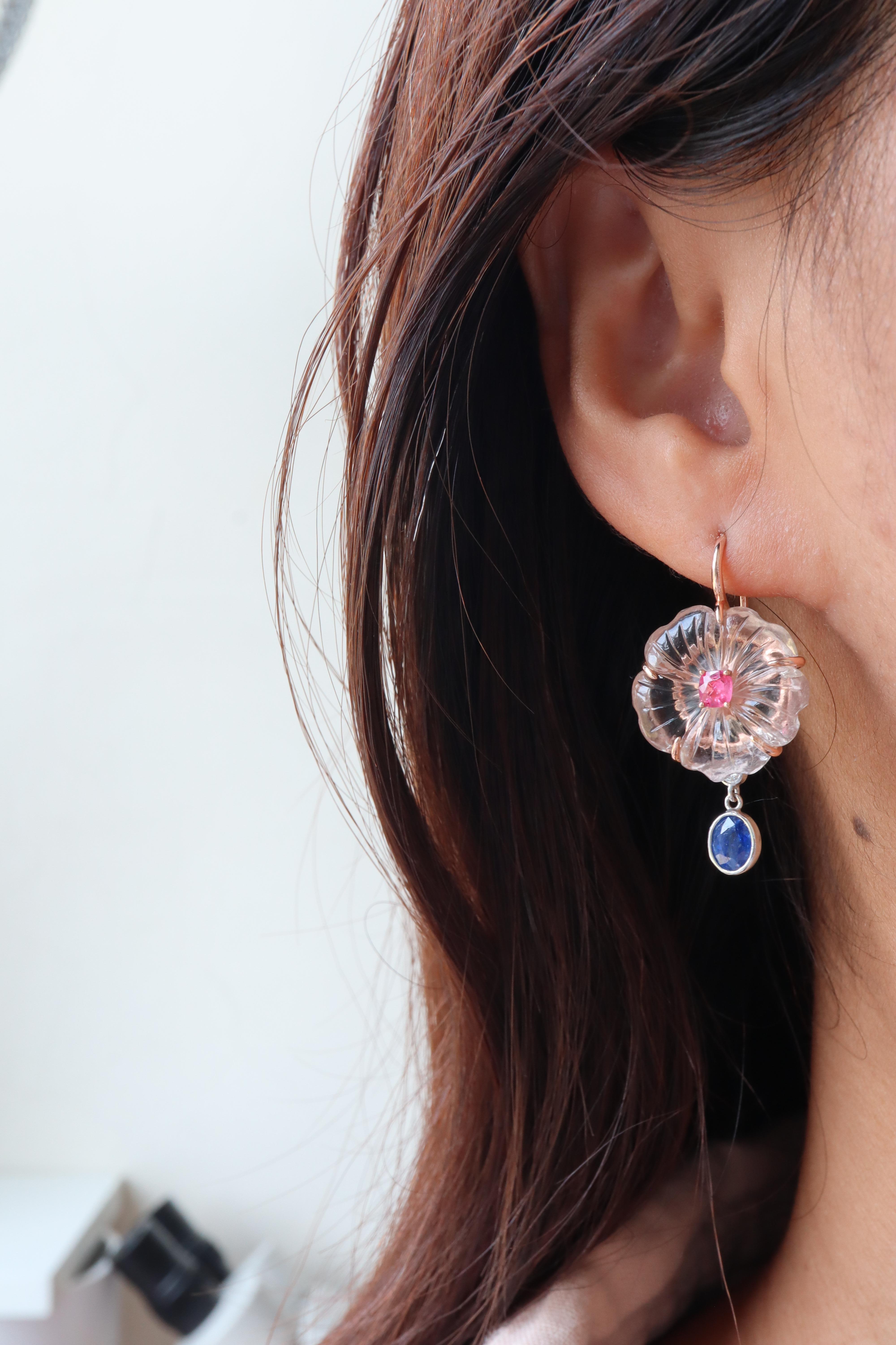 Orecchino con spinello rosa caldo e quarzo rosa naturale in oro massiccio 18 carati in vendita 1