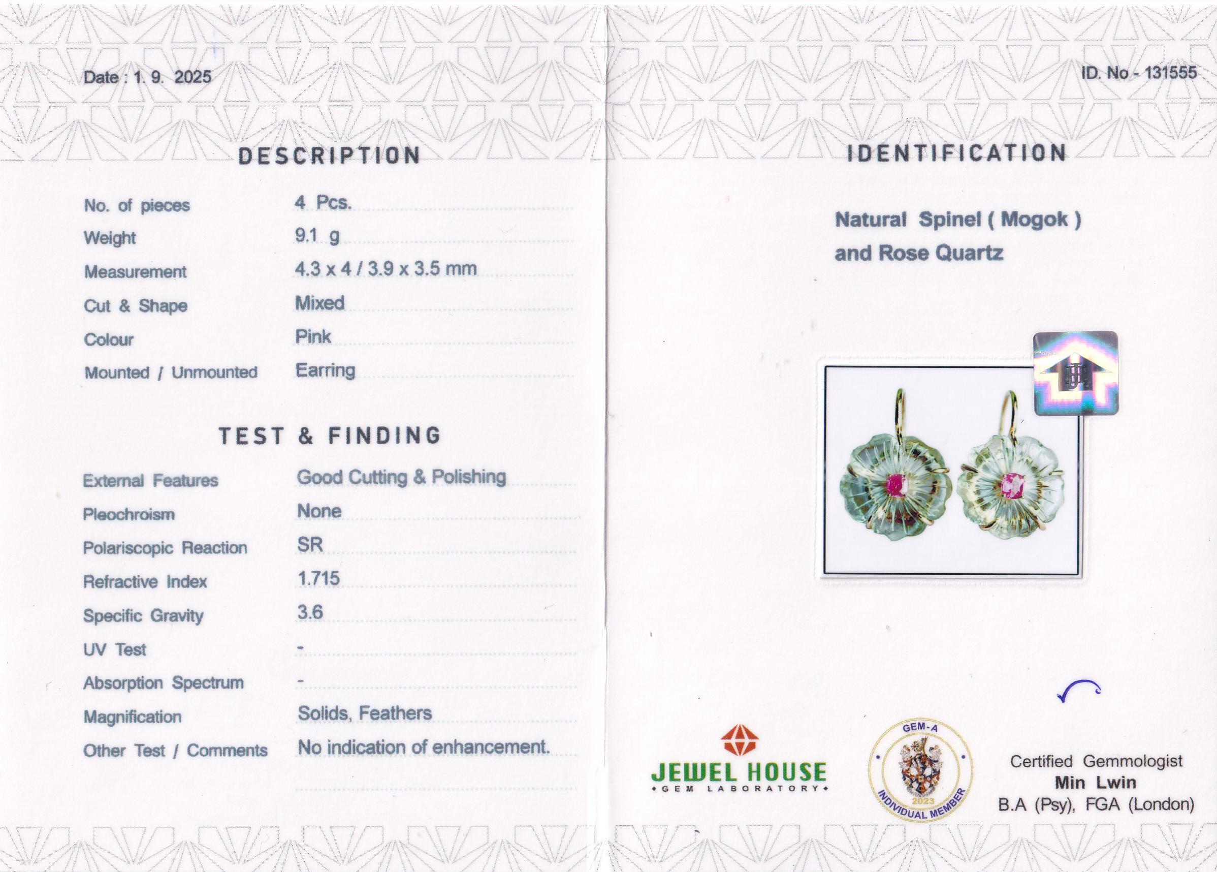 Boucle d'oreille en or massif 18 carats, Spinelle rose vif et Quartz rose naturel en vente 3