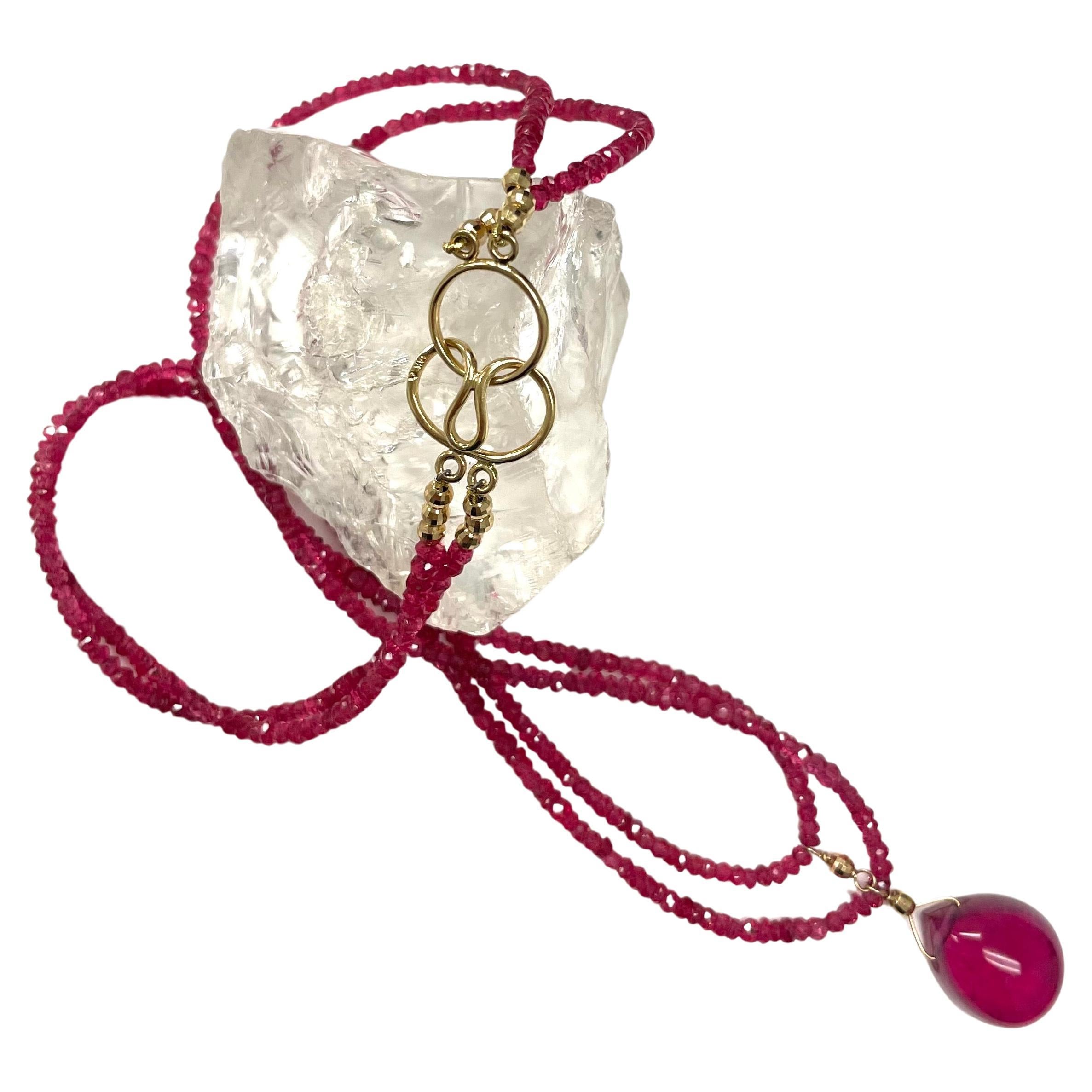 Description
Vibrant faceted pink spinel rondelles, adorned with an exquisite clear pear shape red rubellite tourmaline cabochon pendant and a user friendly 14k interlocking clasp. Item # N2682

Materials and Weight
Hot pink spinel, 62cts, 3mm,