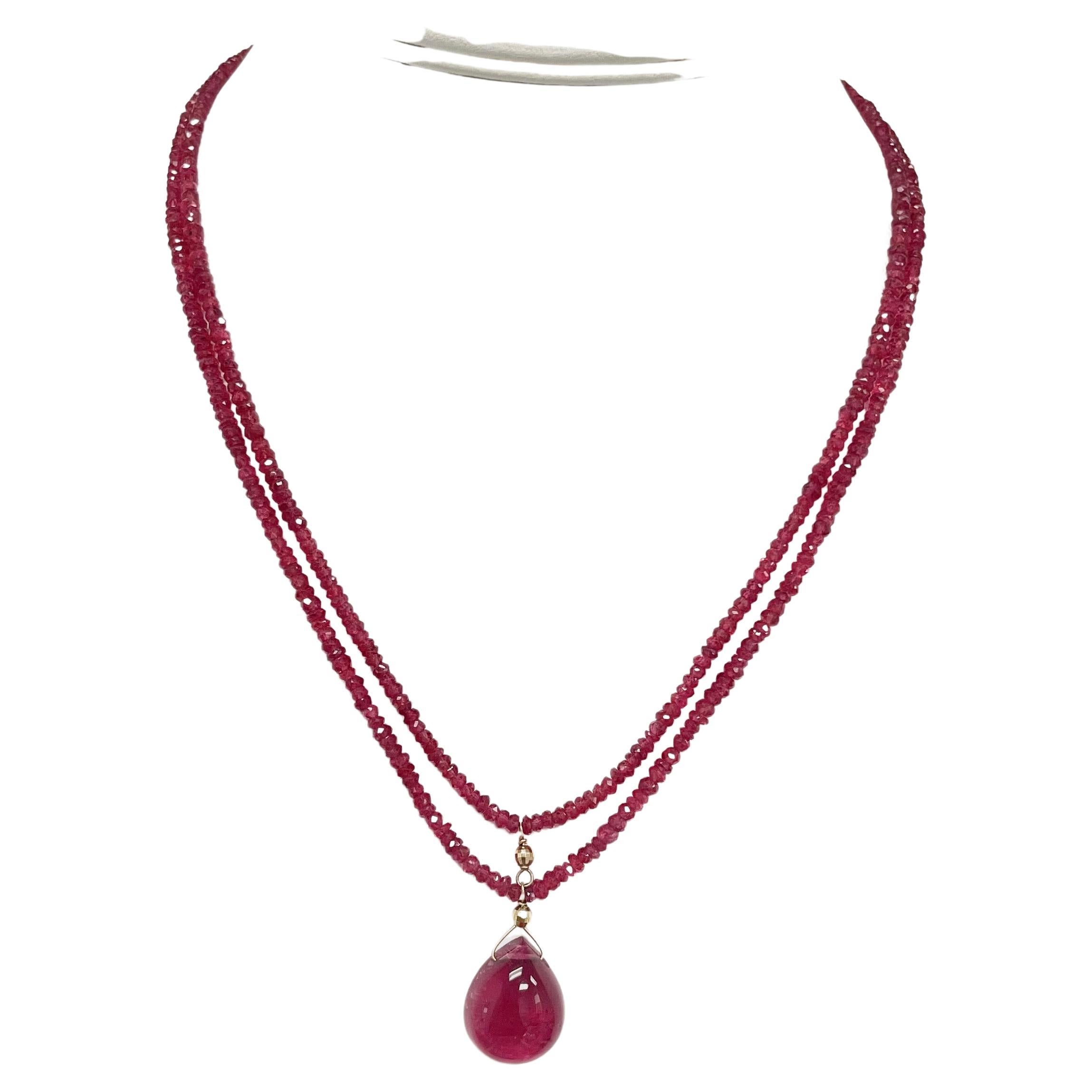 Artisan Hot Pink Spinel with Red Rubellite Tourmaline Pendant Double Strand Necklace For Sale
