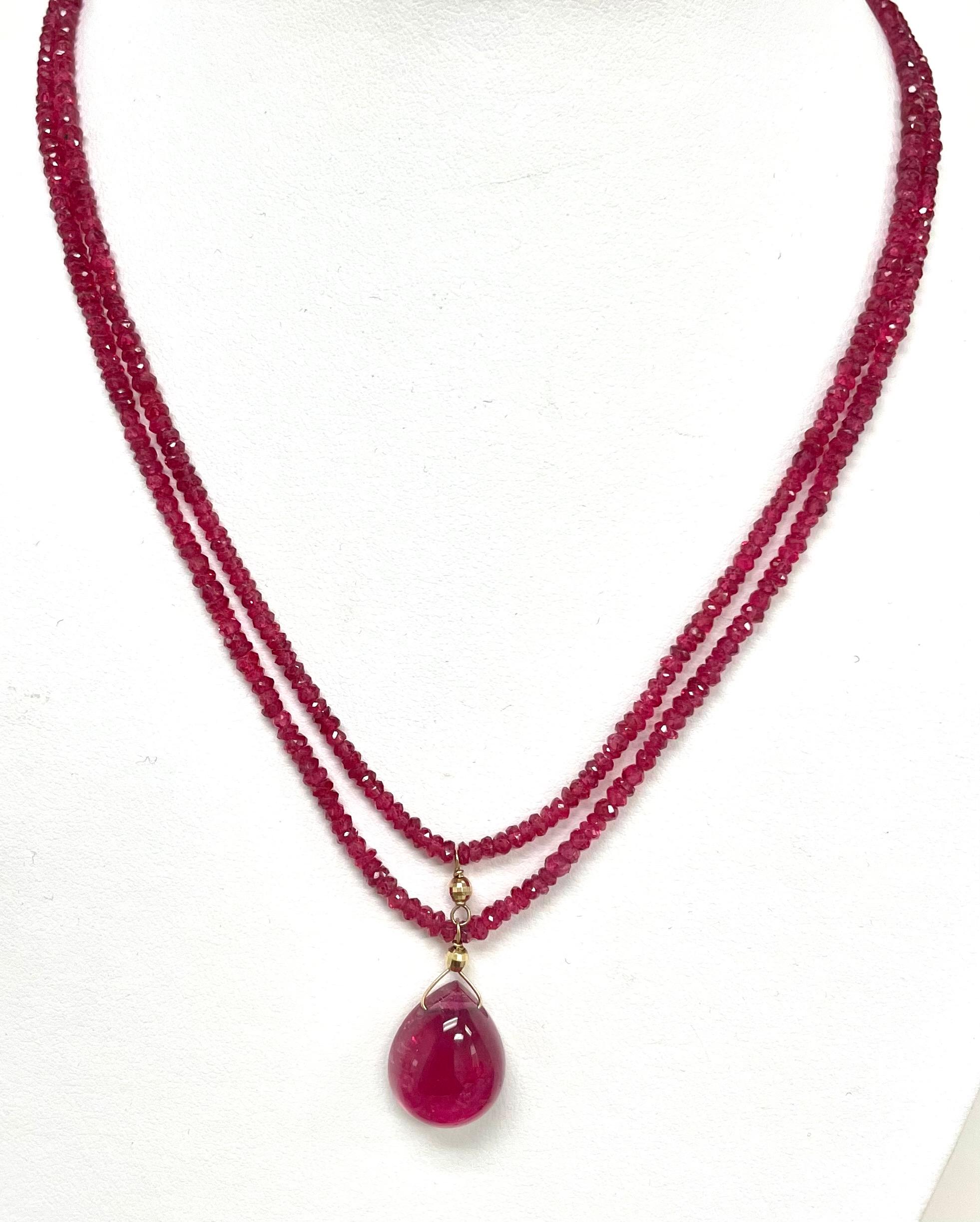 Cabochon Hot Pink Spinel with Red Rubellite Tourmaline Pendant Double Strand Necklace For Sale