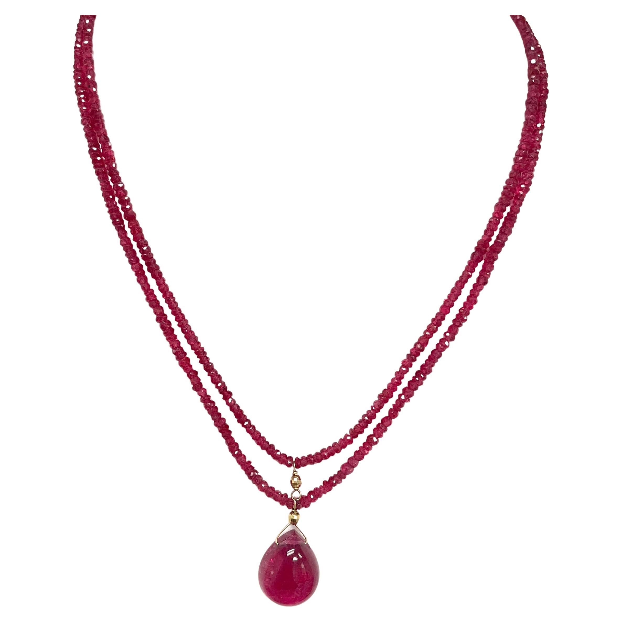Hot Pink Spinel with Red Rubellite Tourmaline Pendant Double Strand Necklace For Sale