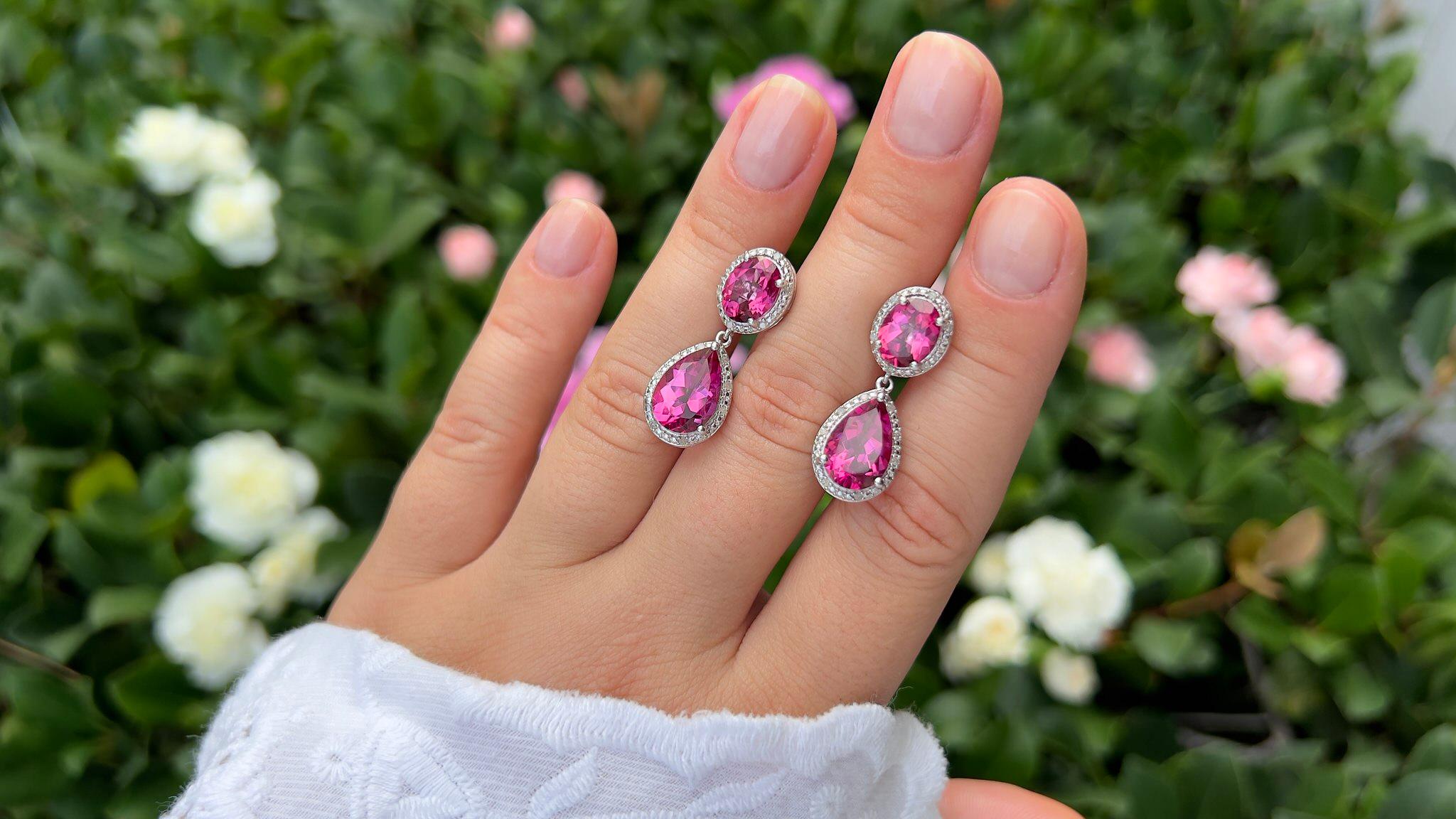 Pear Cut Hot Pink Topaz Earrings Diamond Setting 11.35 Carats Total