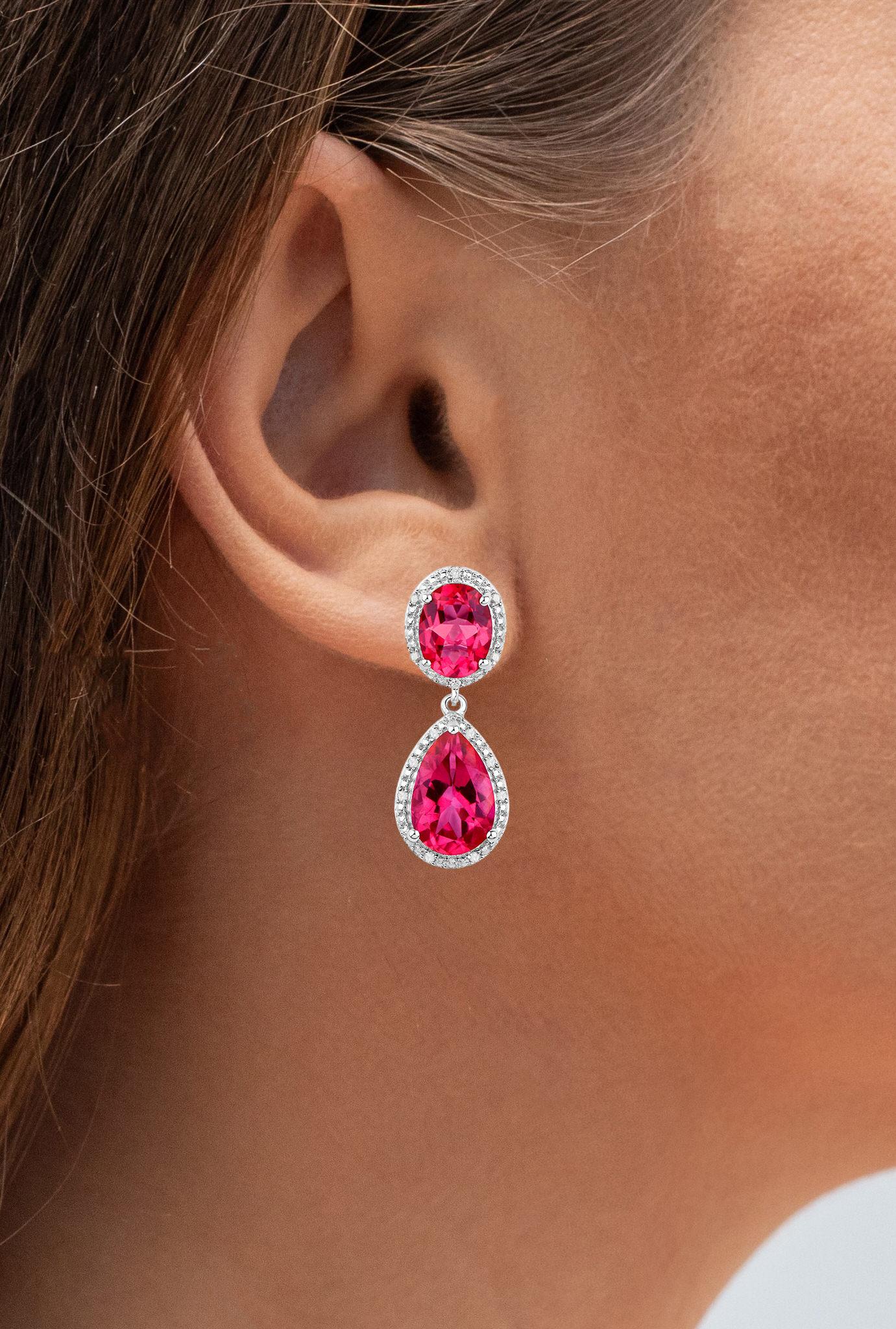 Pear Cut Hot Pink Topaz Earrings Diamond Setting 11.35 Carats Total