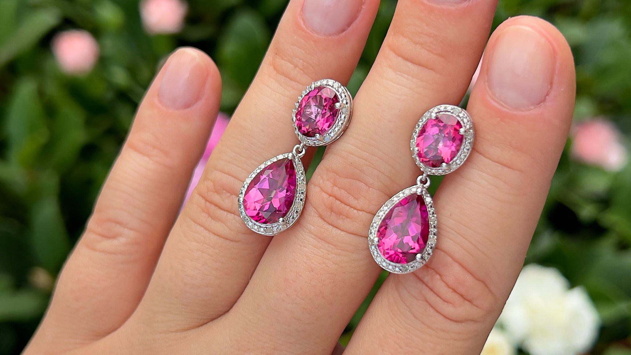 Hot Pink Topaz Earrings Diamond Setting 11.35 Carats Total In Excellent Condition For Sale In Laguna Niguel, CA