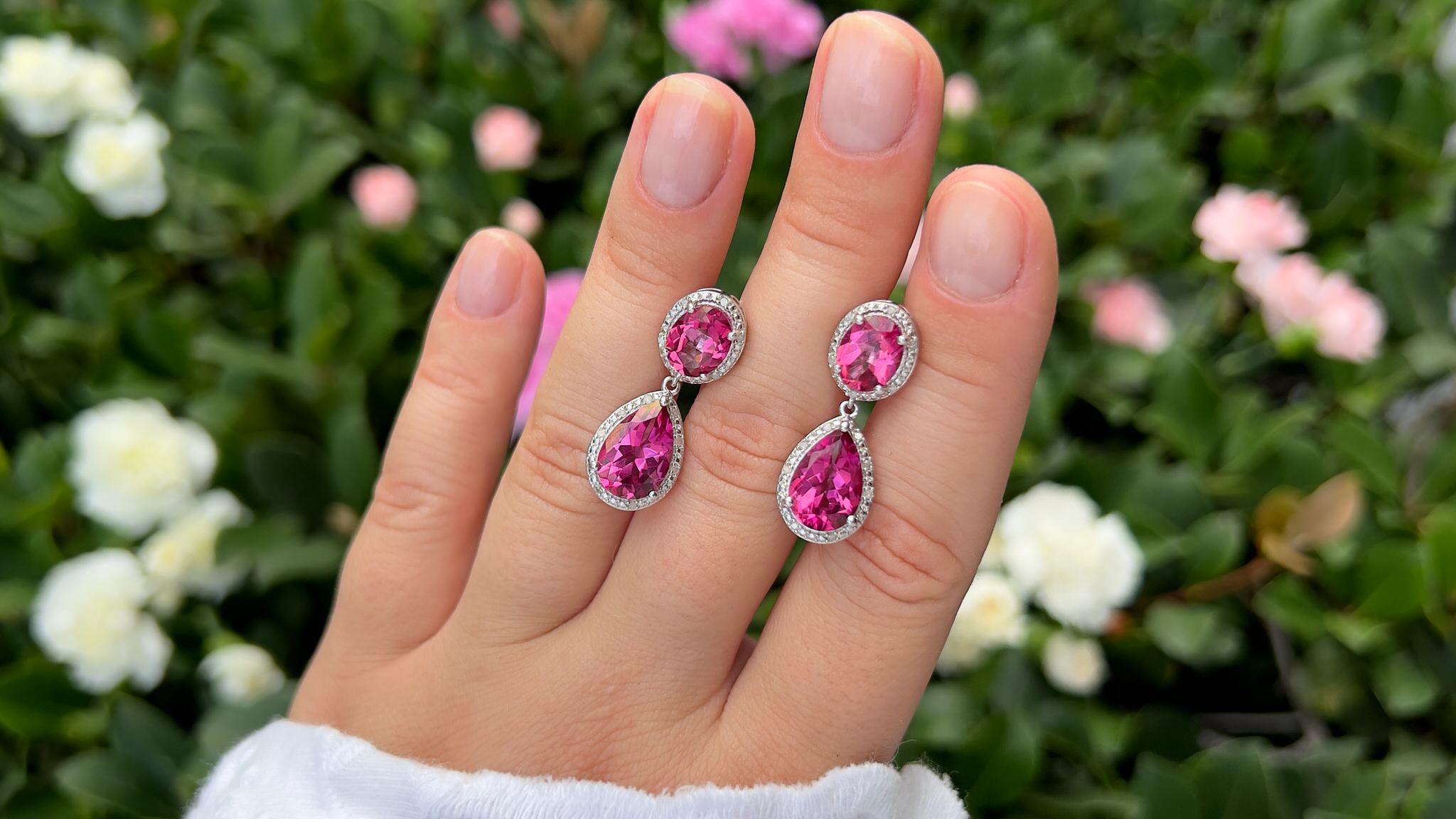 Hot Pink Topaz Earrings Diamond Setting 11.35 Carats Total 1