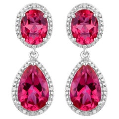 Hot Pink Topaz Earrings Diamond Setting 11.35 Carats Total