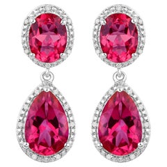 Hot Pink Topaz Earrings Diamond Setting 11.35 Carats Total