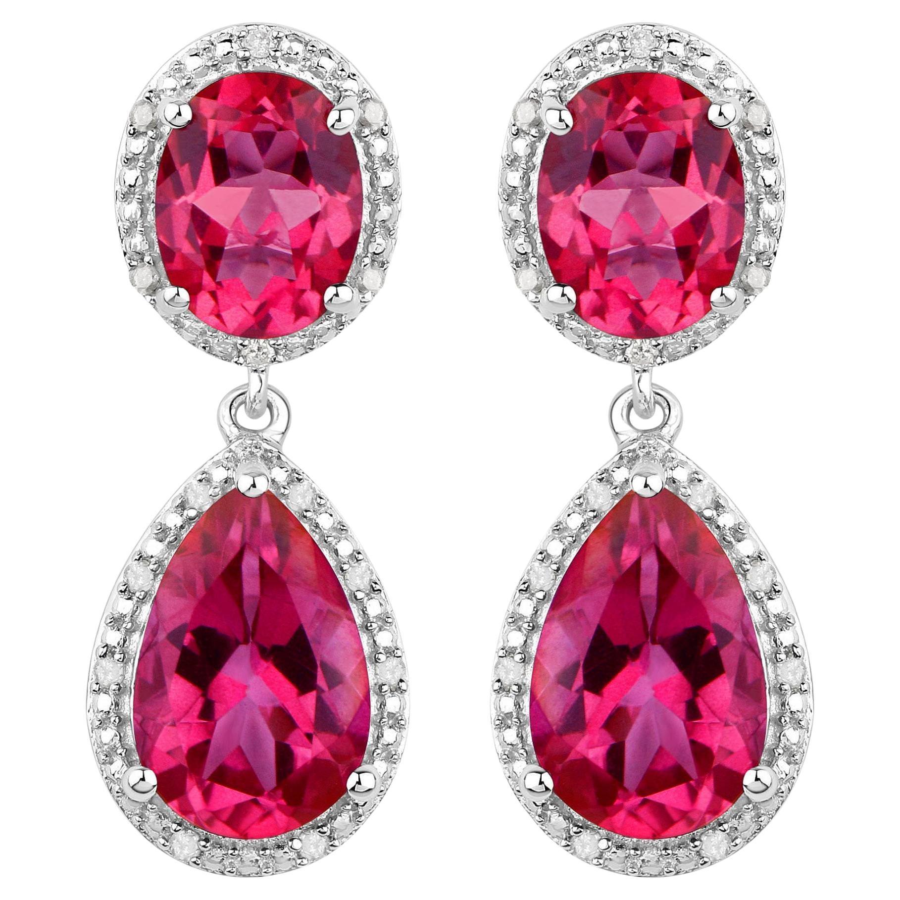 Hot Pink Topaz Earrings Diamond Setting 11.35 Carats Total For Sale