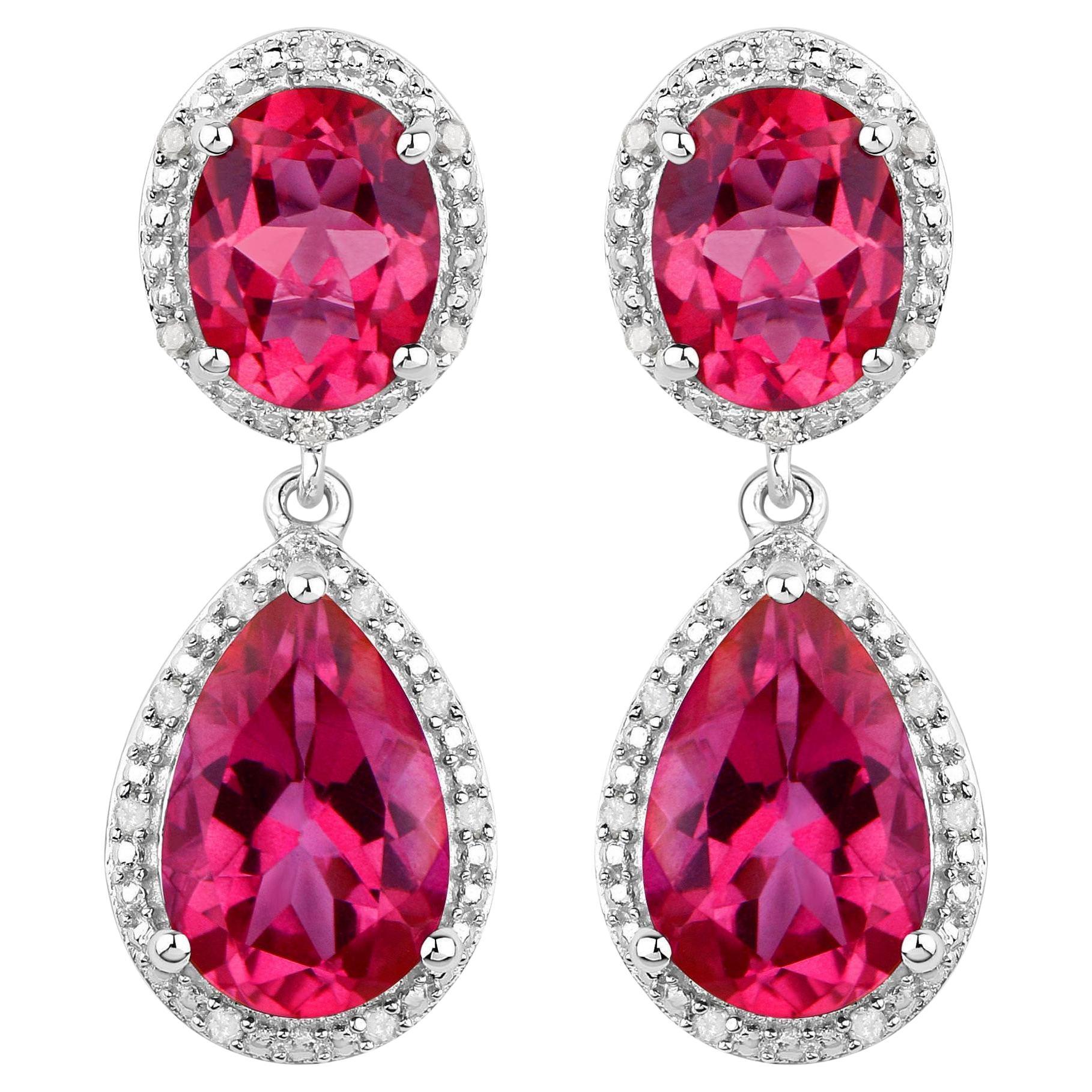 Hot Pink Topaz Earrings Diamond Setting 11.35 Carats Total For Sale