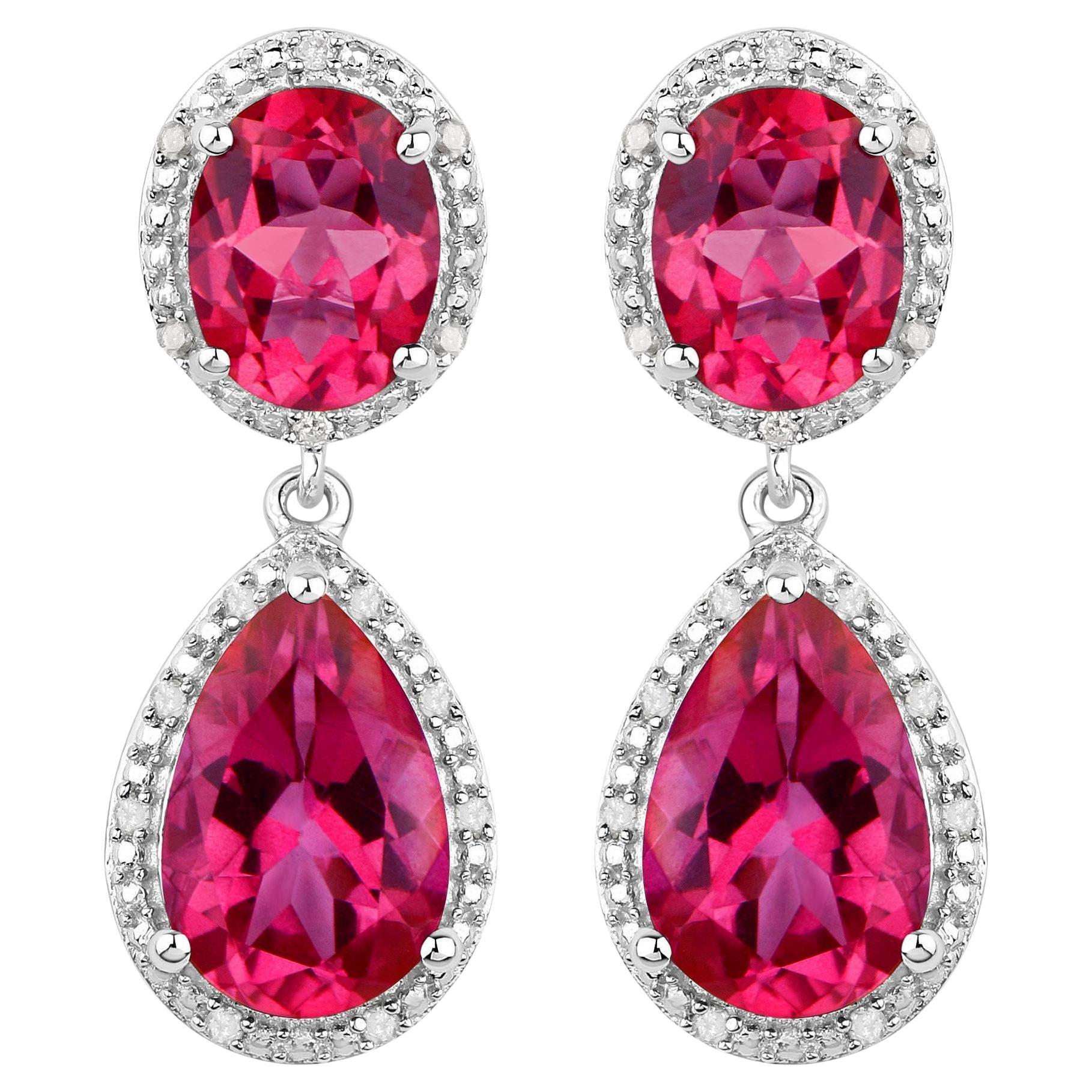Hot Pink Topaz Earrings Diamond Setting 11.35 Carats Total For Sale