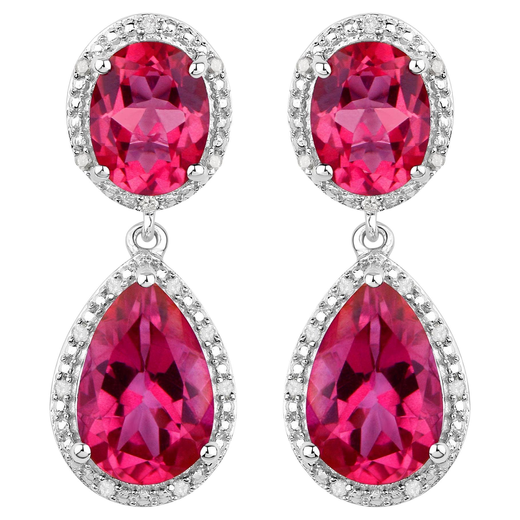Hot Pink Topaz Earrings Diamond Setting 11.35 Carats Total