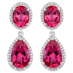 Hot Pink Topaz Earrings Diamond Setting 11.35 Carats Total