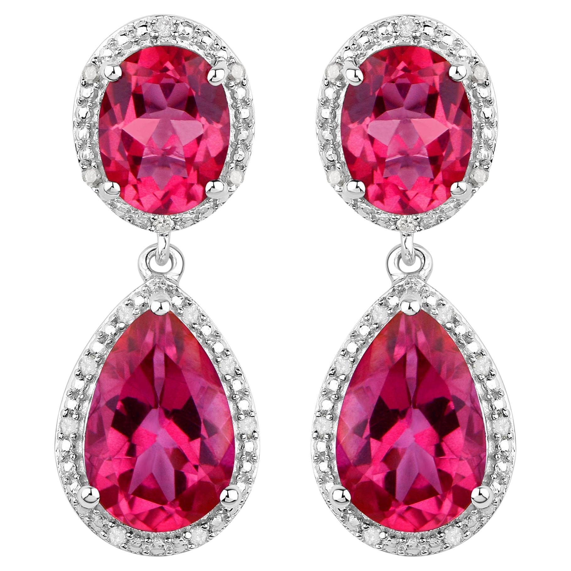 Hot Pink Topaz Earrings Diamond Setting 11.35 Carats Total