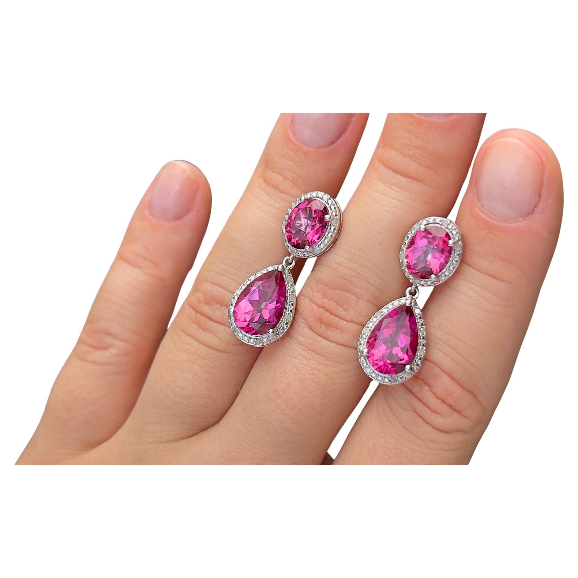 Hot Pink Topaz Earrings Diamond Setting 11.35 Carats Total