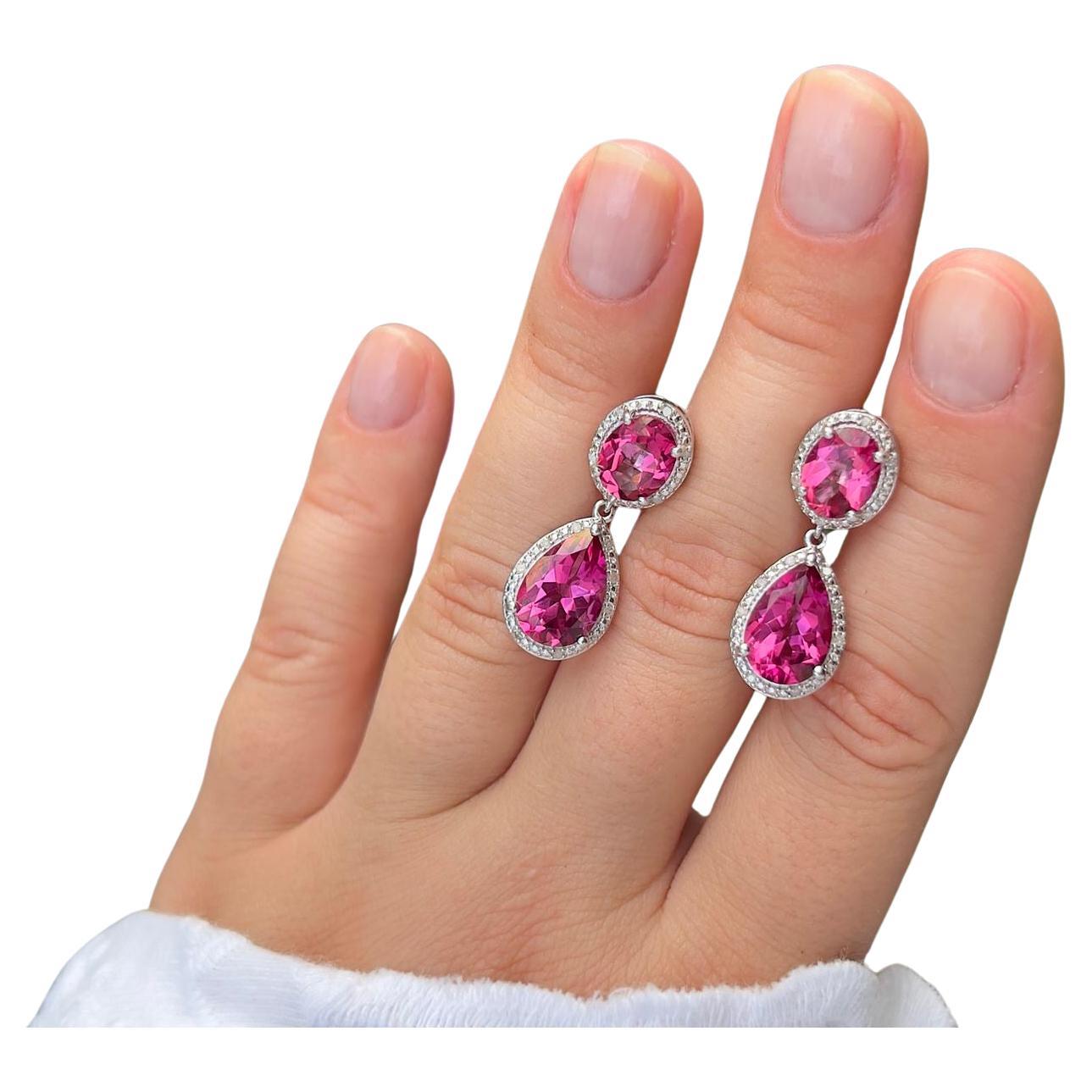 Hot Pink Topaz Earrings Diamond Setting 11.35 Carats Total