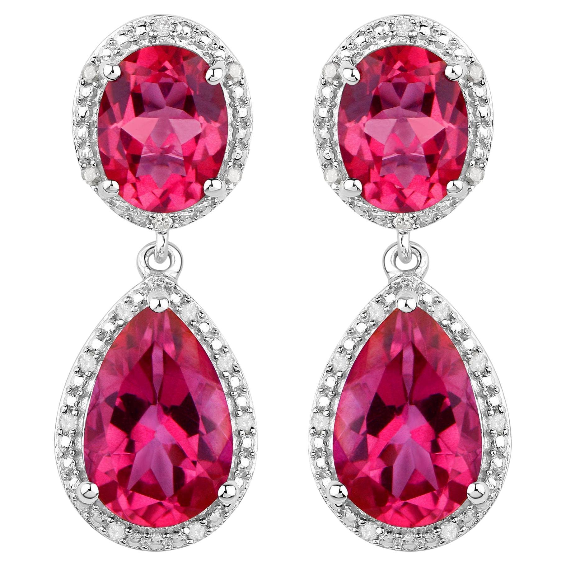 Hot Pink Topaz Earrings Diamond Setting 11.35 Carats Total