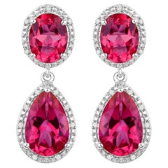 Hot Pink Topaz Earrings Diamond Setting 11.35 Carats Total