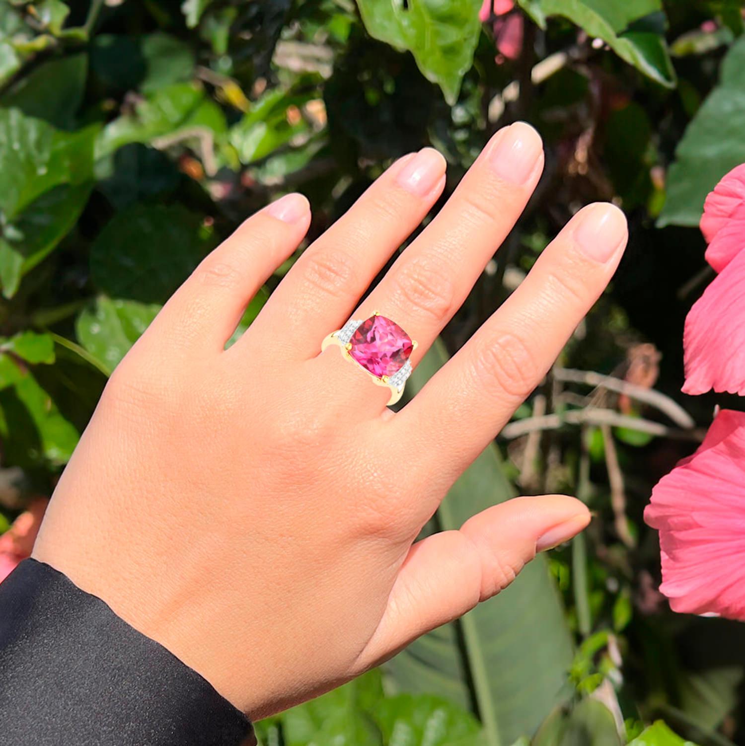 Cushion Cut Hot Pink Topaz Ring Diamond Setting 9.25 Carats 18K Yellow Gold Plated For Sale