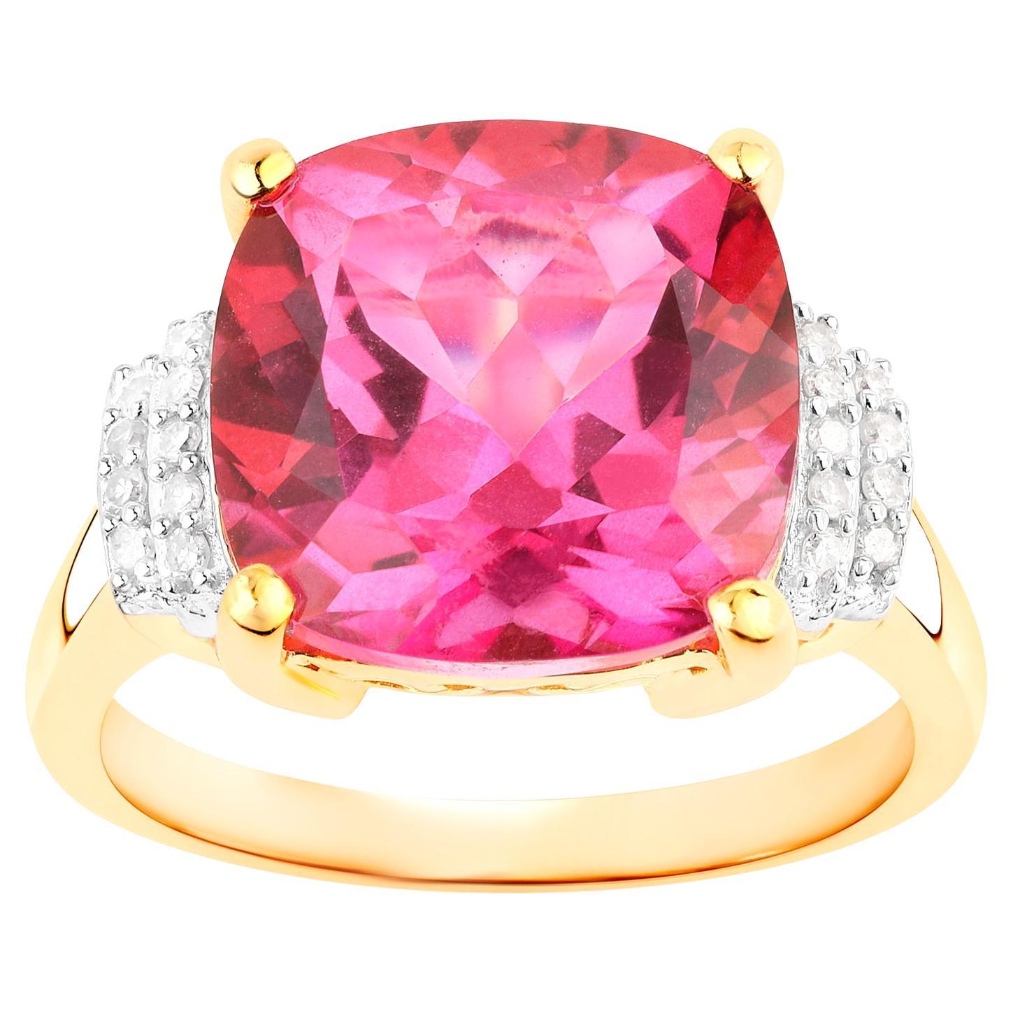 Hot Pink Topaz Ring Diamond Setting 9.25 Carats 18K Yellow Gold Plated For Sale