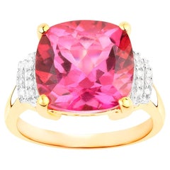 Hot Pink Topaz Ring Diamond Setting 9.25 Carats 18K Yellow Gold Plated