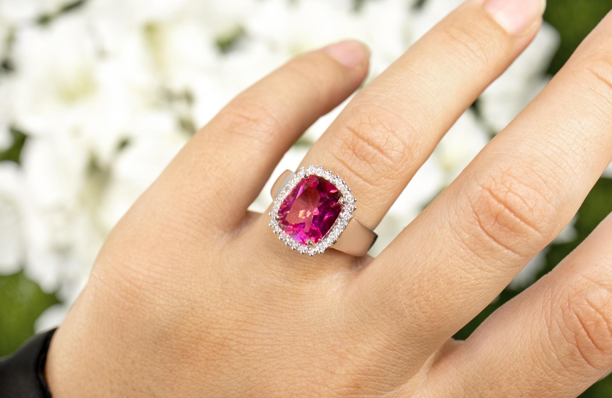 Cushion Cut Hot Pink Topaz Ring White Topaz Halo 4.4 Carats For Sale