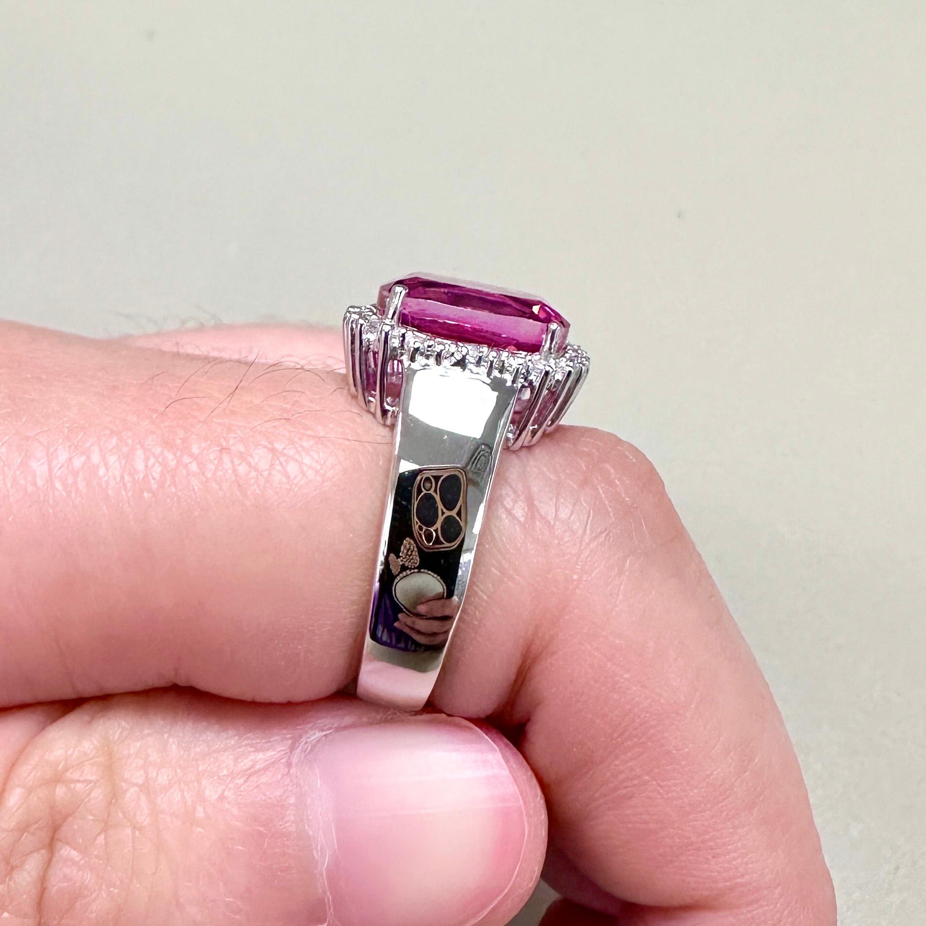 Contemporary Hot Pink Topaz Ring White Topaz Halo 4.4 Carats For Sale